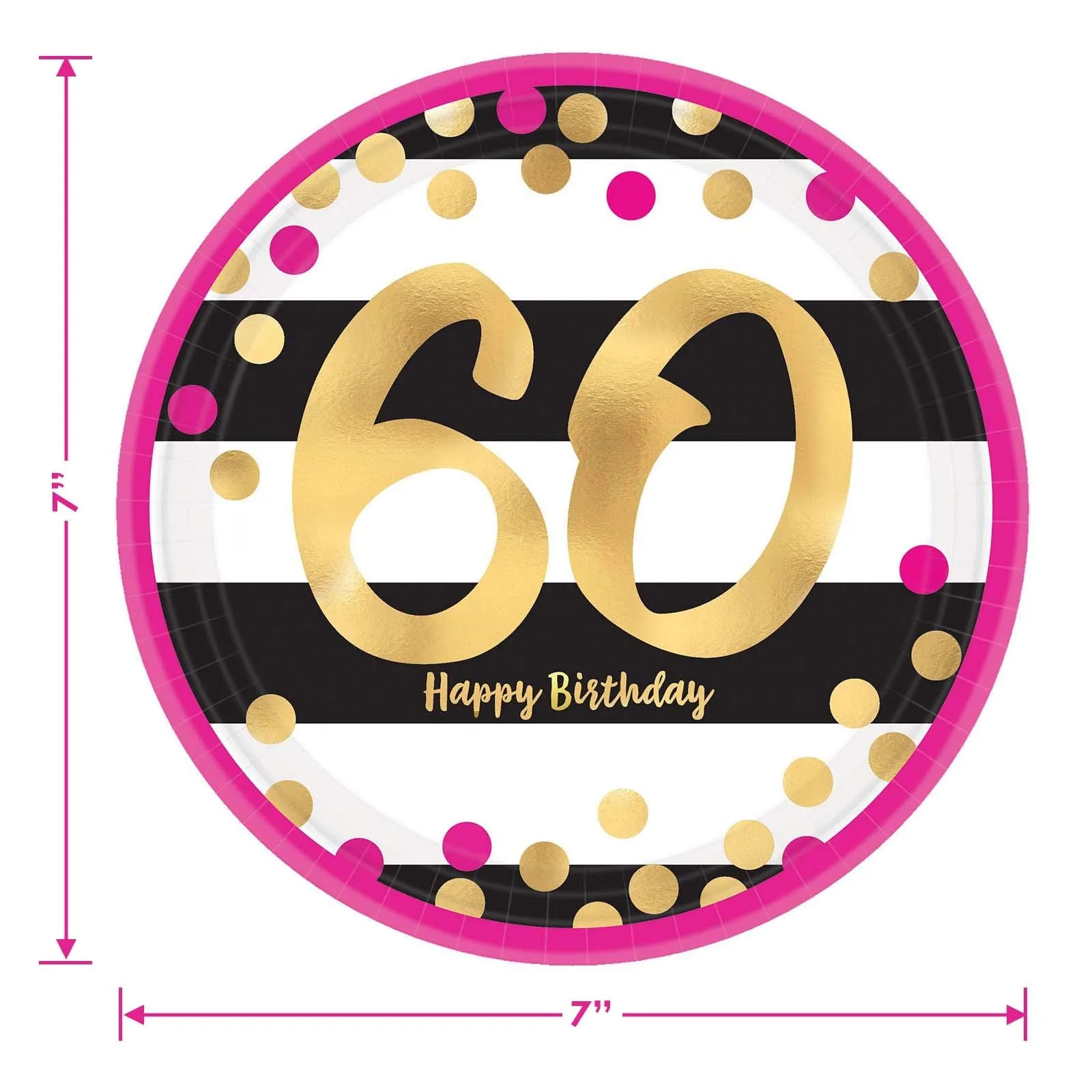 60th Birthday Party Supplies - Happy Birthday Pink and Gold Metallic Dessert Plates and Beverage Napkins (Serves 16)