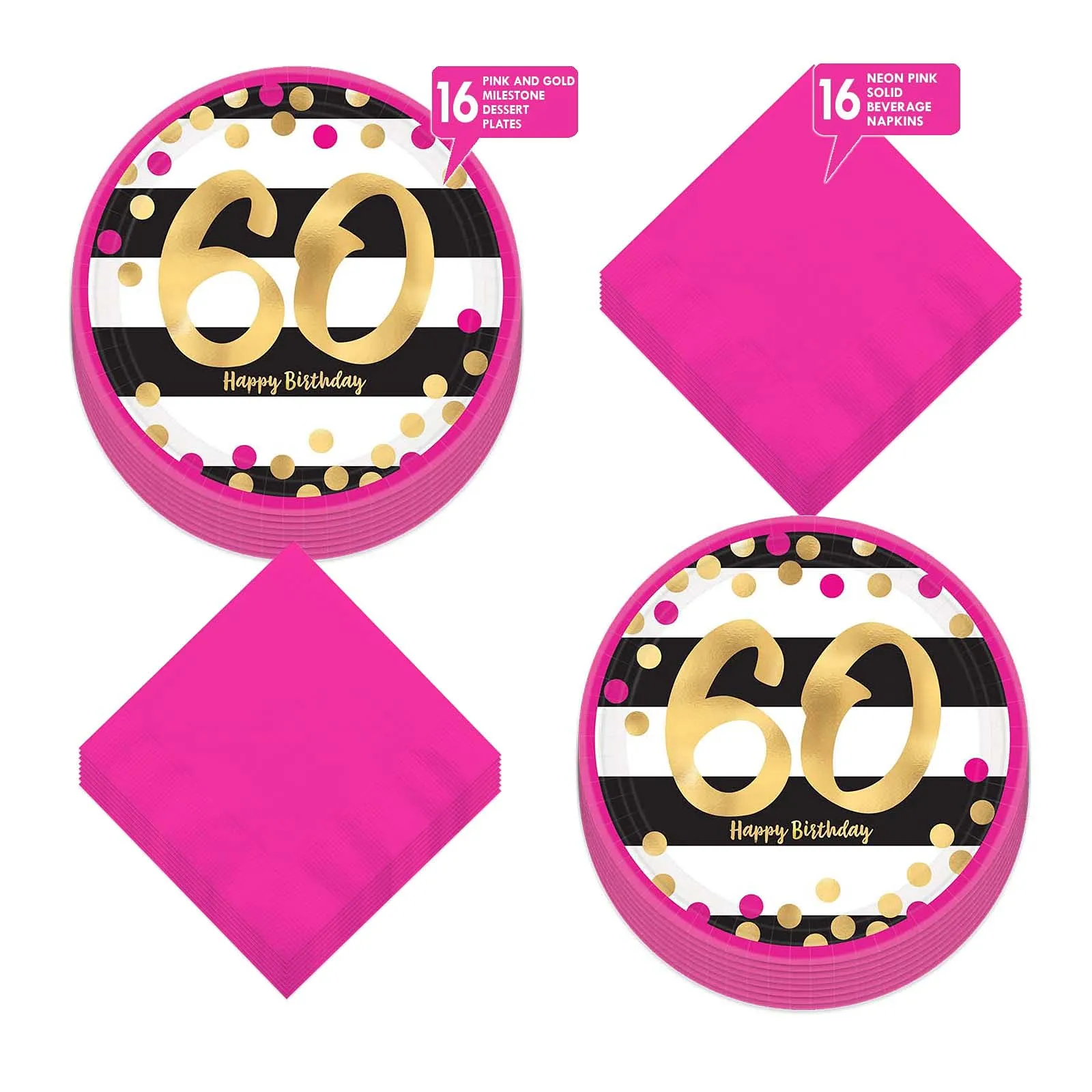 60th Birthday Party Supplies - Happy Birthday Pink and Gold Metallic Dessert Plates and Beverage Napkins (Serves 16)