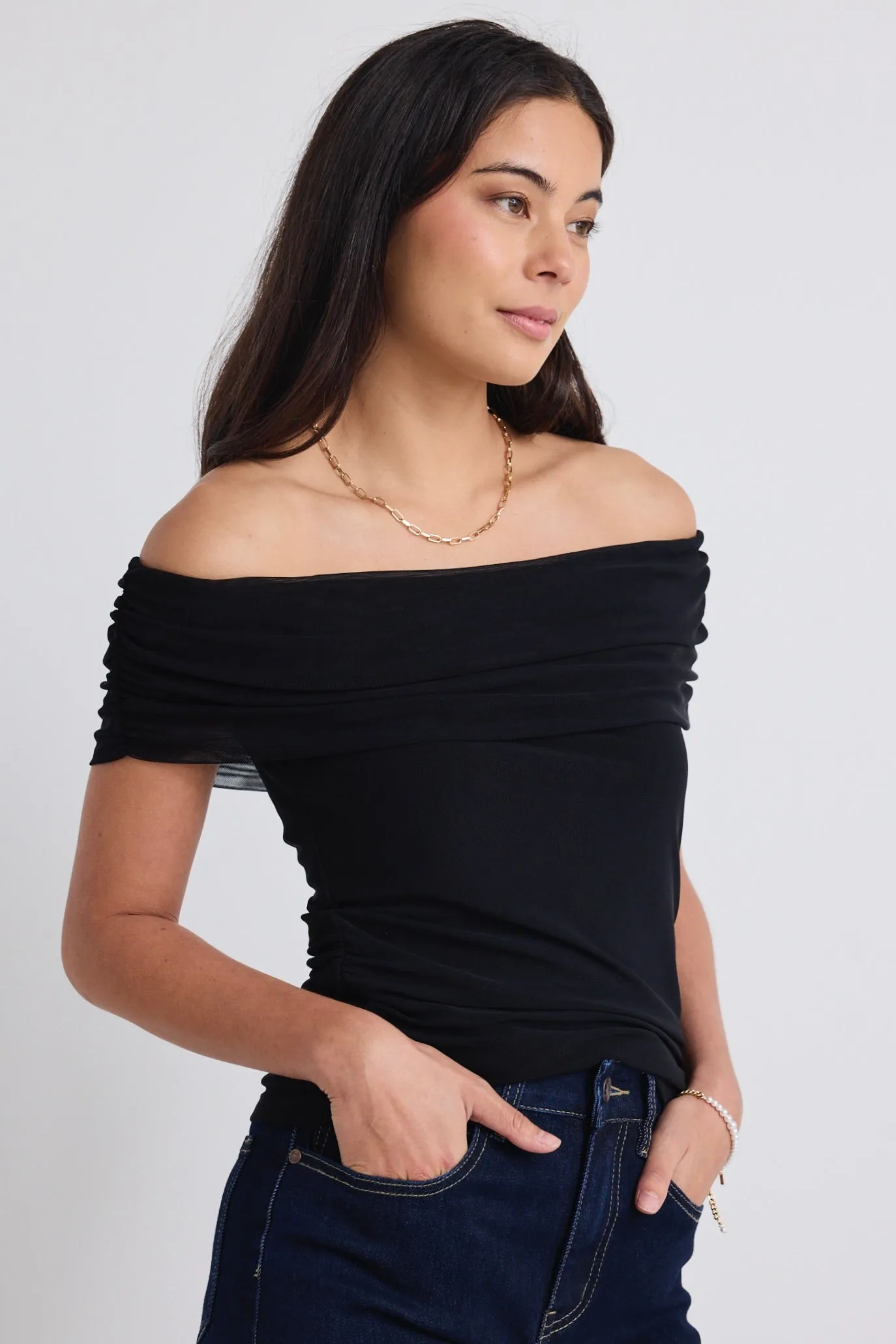 Achiever Black Mesh Off Shoulder Short Sleeved Top