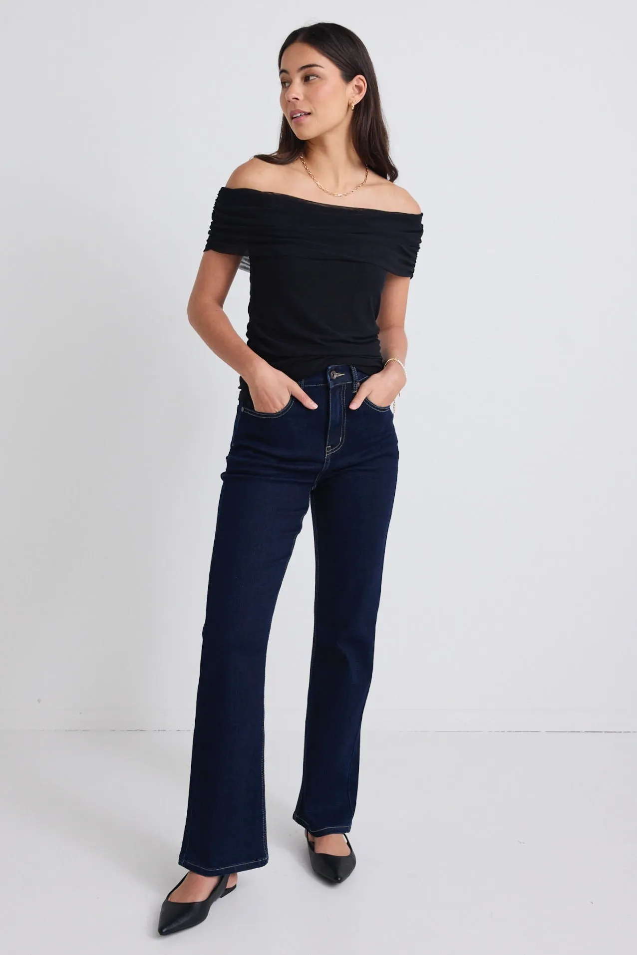 Achiever Black Mesh Off Shoulder Short Sleeved Top