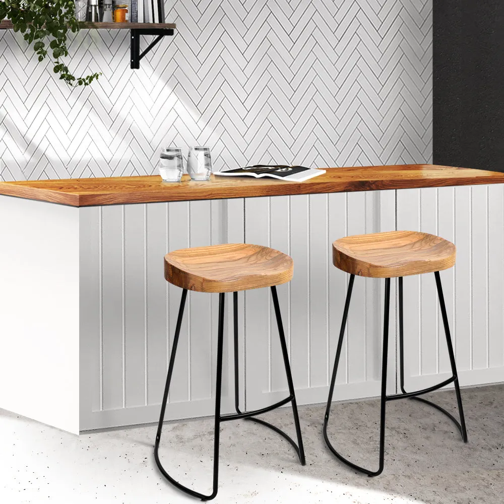 Artiss Set of 2 Elm Wood Backless Bar Stools 65cm - Black and Light Natural