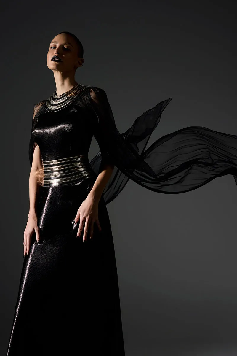 BLACK FALL-PANELLED TEXTURED SATIN GOWN
