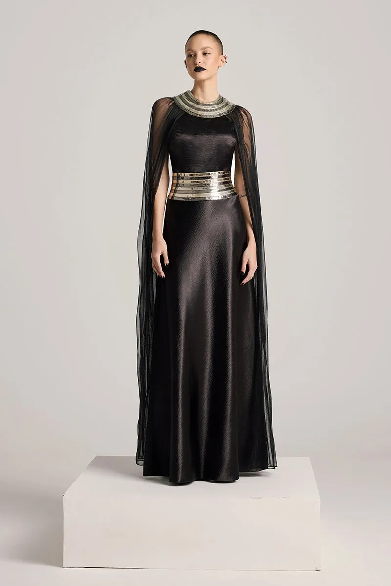 BLACK FALL-PANELLED TEXTURED SATIN GOWN