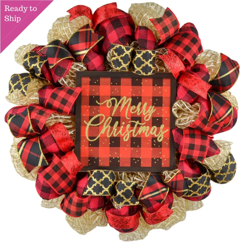 Black Red Gold Christmas Wreath - Burlap Buffalo Plaid Decor