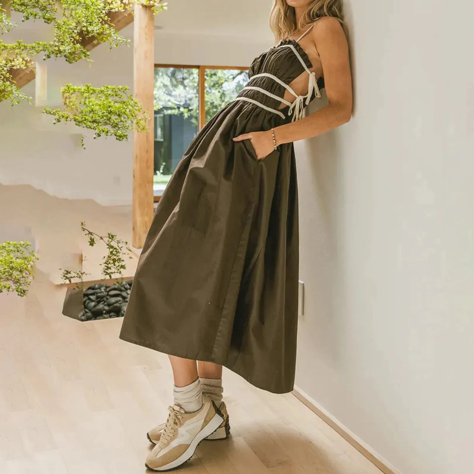 Boho Women Summer Cami Sleeveless Backless Tie Up Spaghetti Strap Midi Dress with Pockets