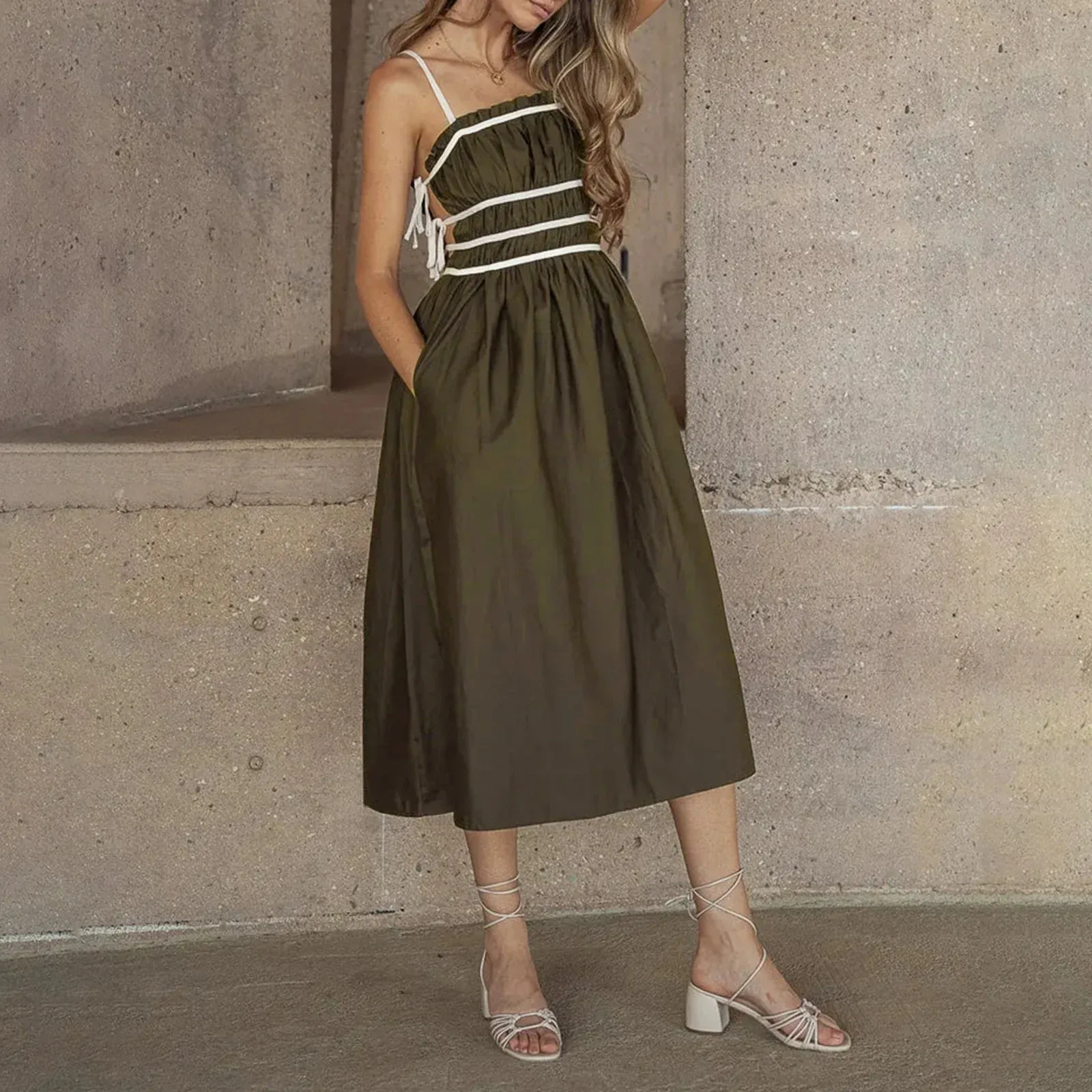 Boho Women Summer Cami Sleeveless Backless Tie Up Spaghetti Strap Midi Dress with Pockets