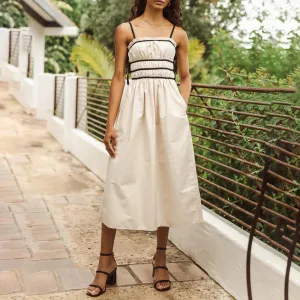 Boho Women Summer Cami Sleeveless Backless Tie Up Spaghetti Strap Midi Dress with Pockets