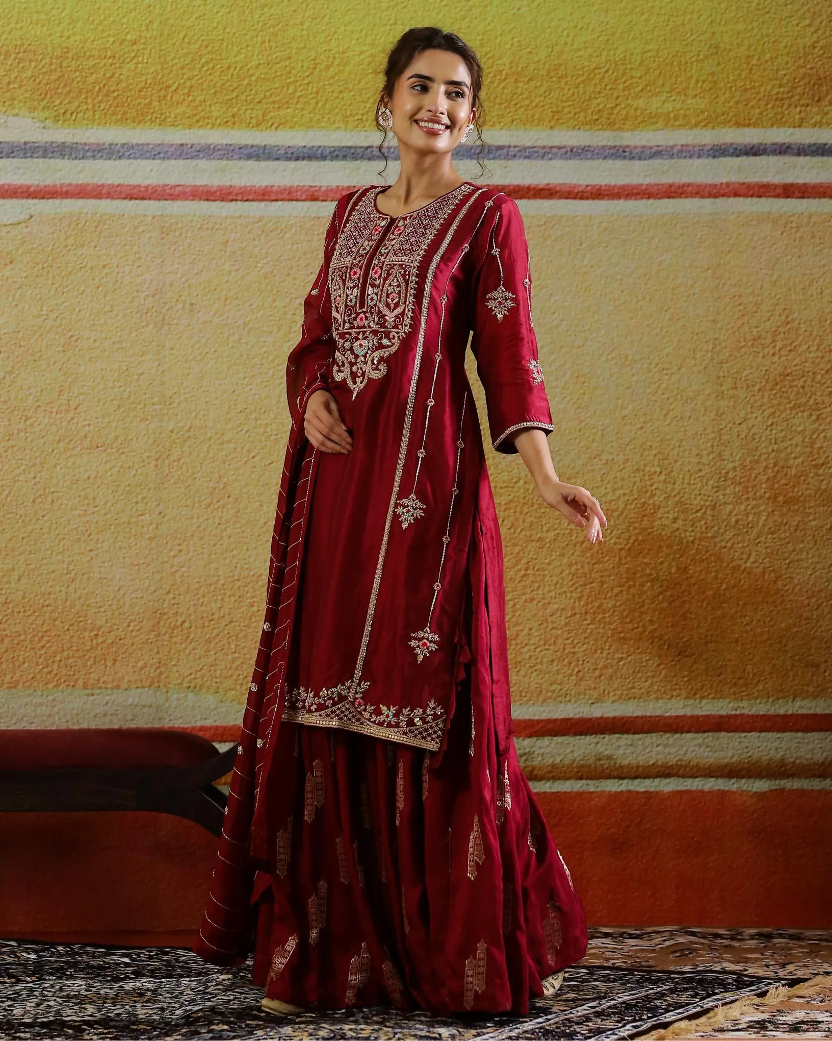 Burgundy Embellished Habutai Silk Kurta Set