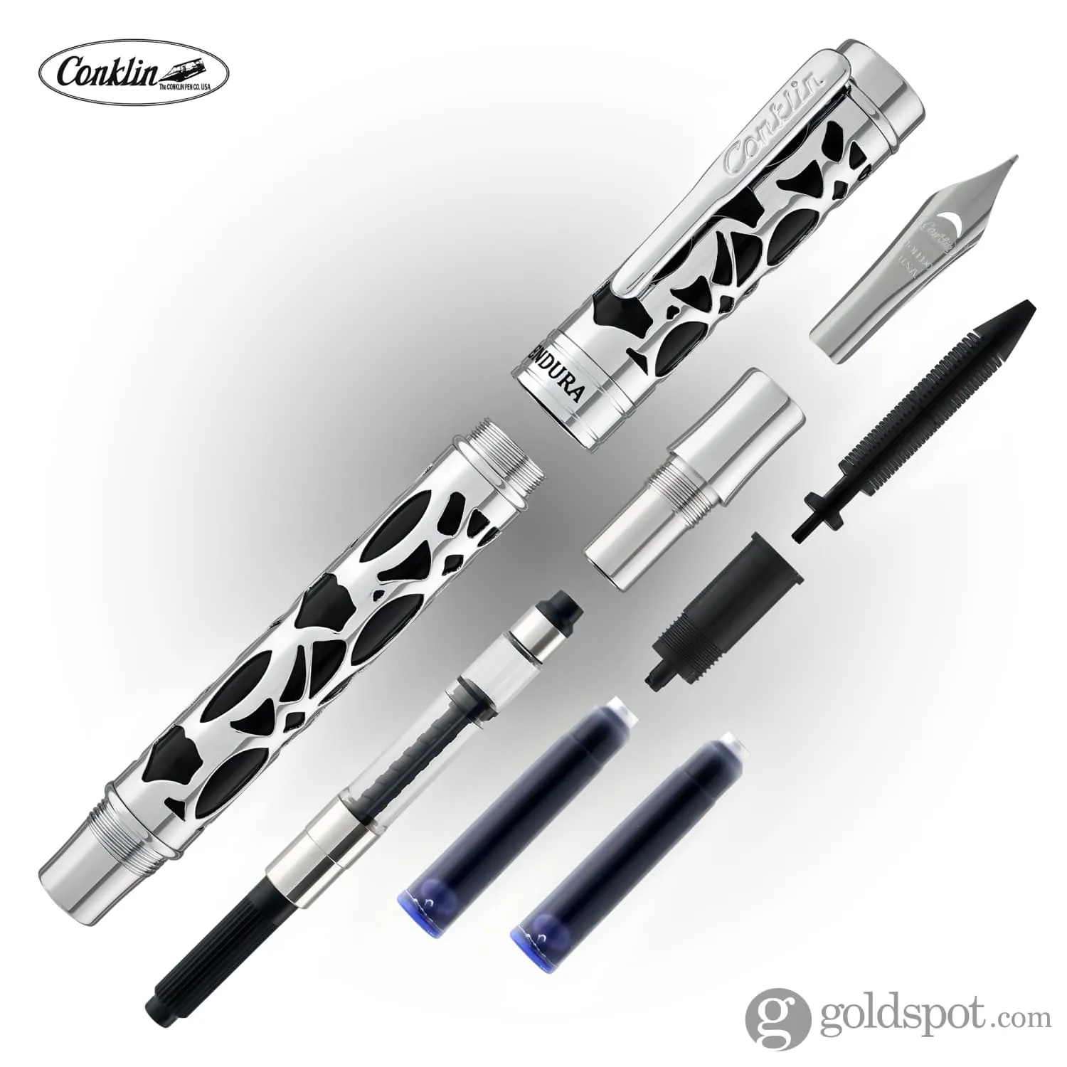 Conklin Endura Deco Crest Fountain Pen in Black with Chrome Trim