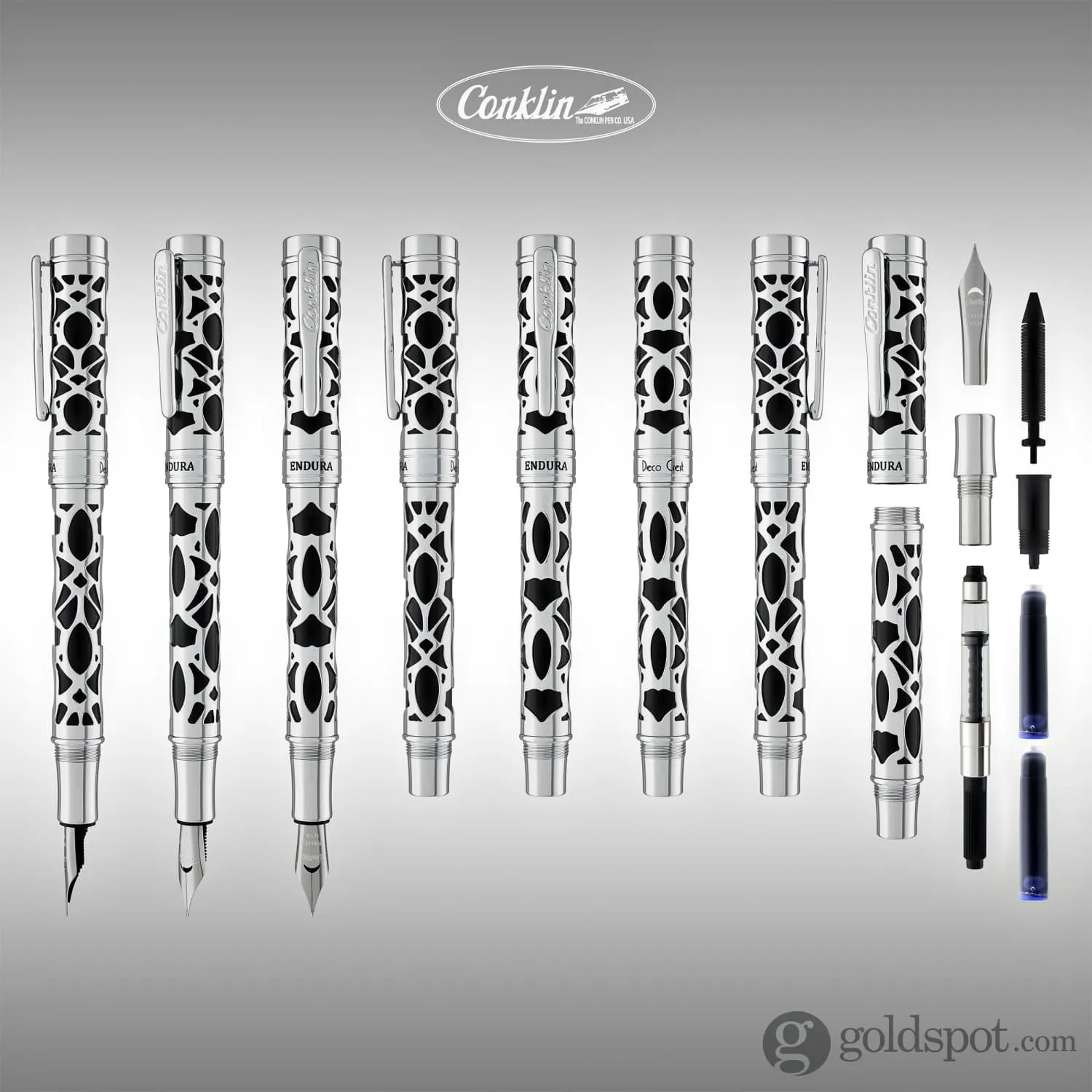 Conklin Endura Deco Crest Fountain Pen in Black with Chrome Trim
