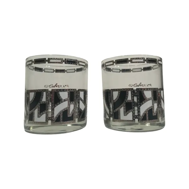 Culver Signed Black White and Silver Abstract Glasses (Set of 2)