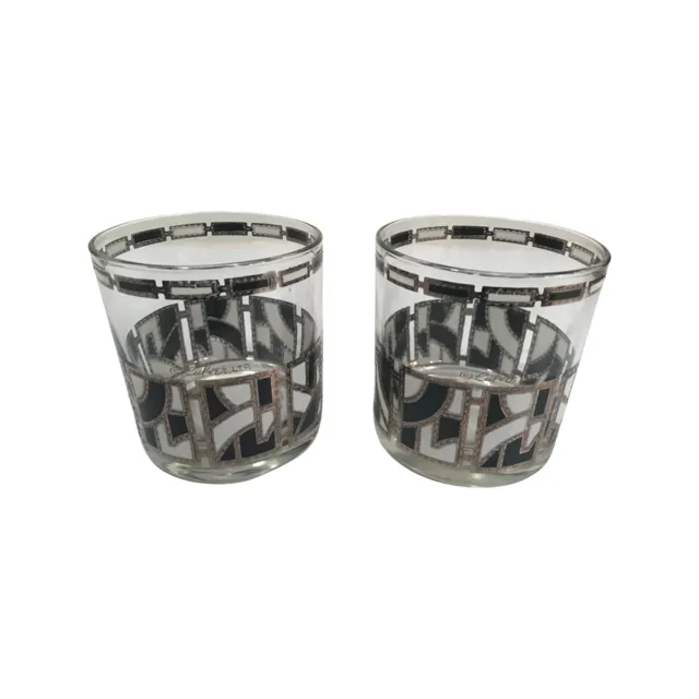 Culver Signed Black White and Silver Abstract Glasses (Set of 2)