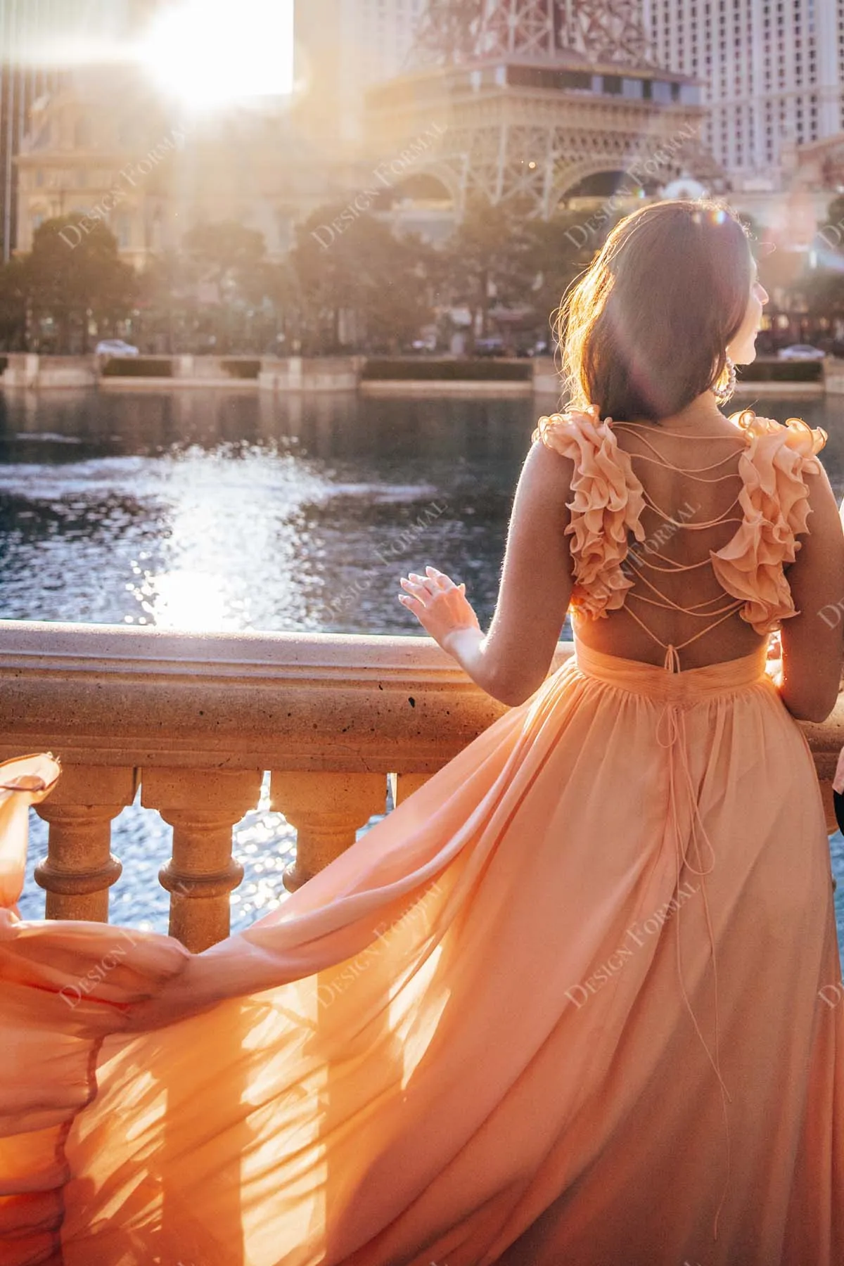Designer Ruffled Straps Peach Chiffon A-line Fairy Prom Dress