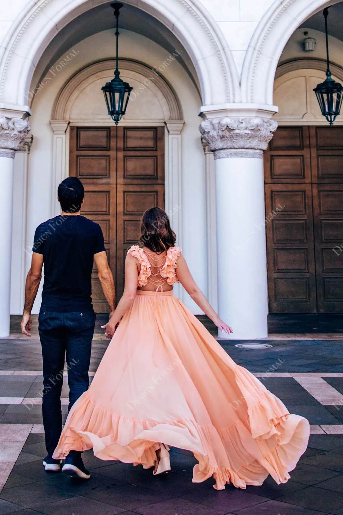 Designer Ruffled Straps Peach Chiffon A-line Fairy Prom Dress