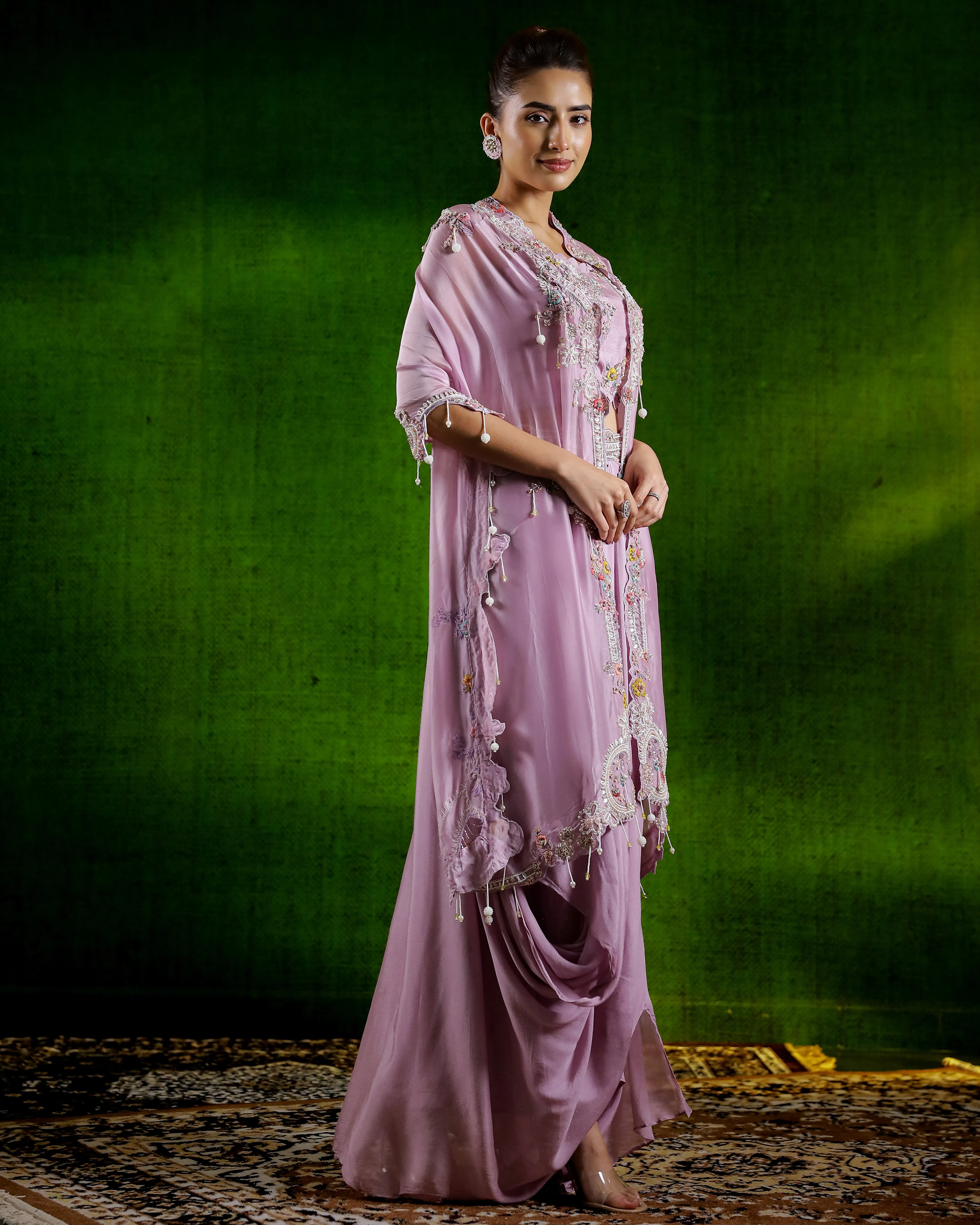 Dusky Mauve Embellished Premium Raw Silk Skirt Set