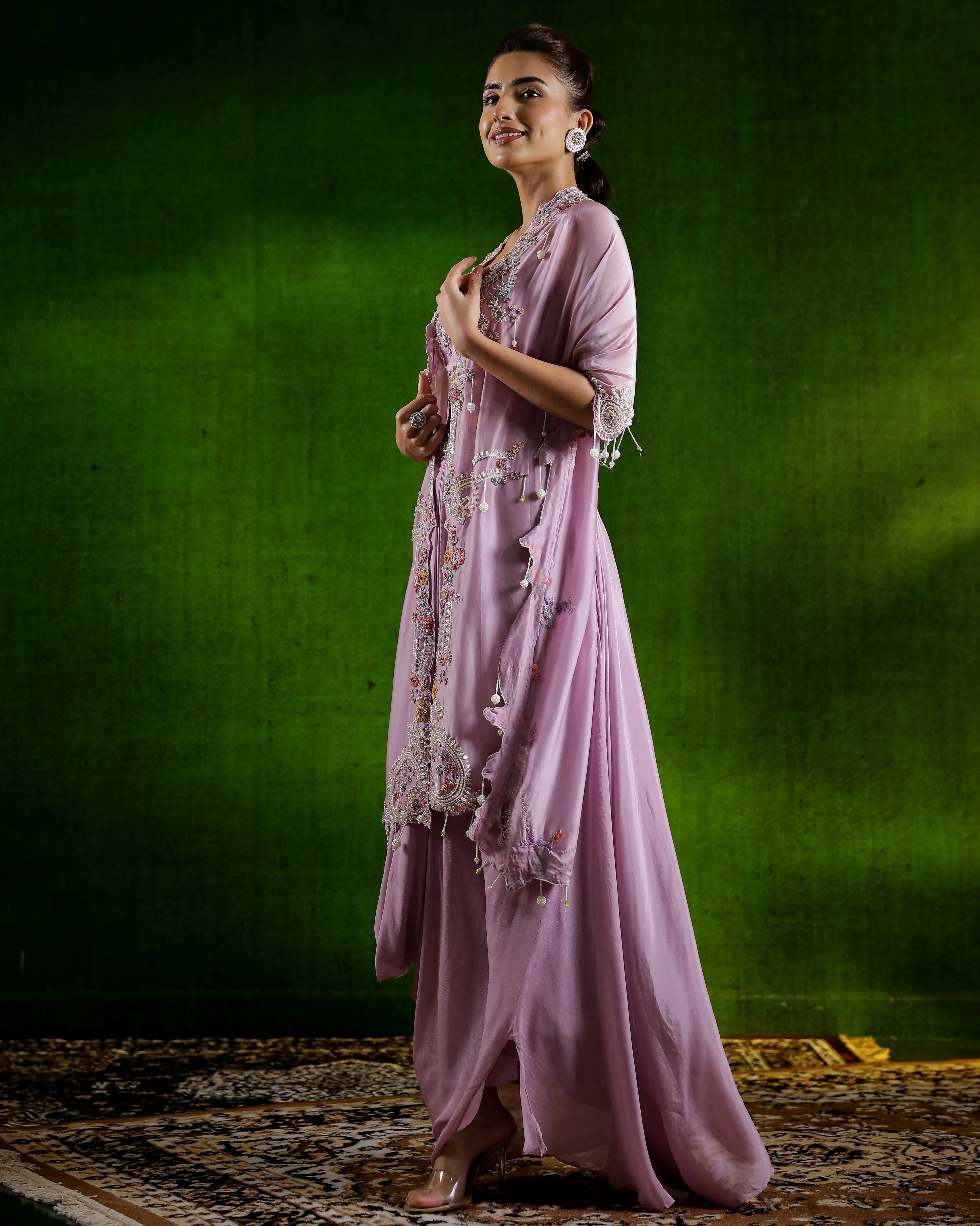 Dusky Mauve Embellished Premium Raw Silk Skirt Set
