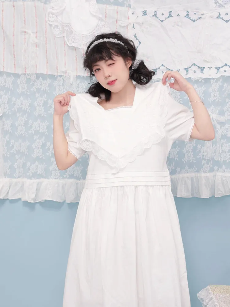 Embroidered lace white dress【s0000007743】