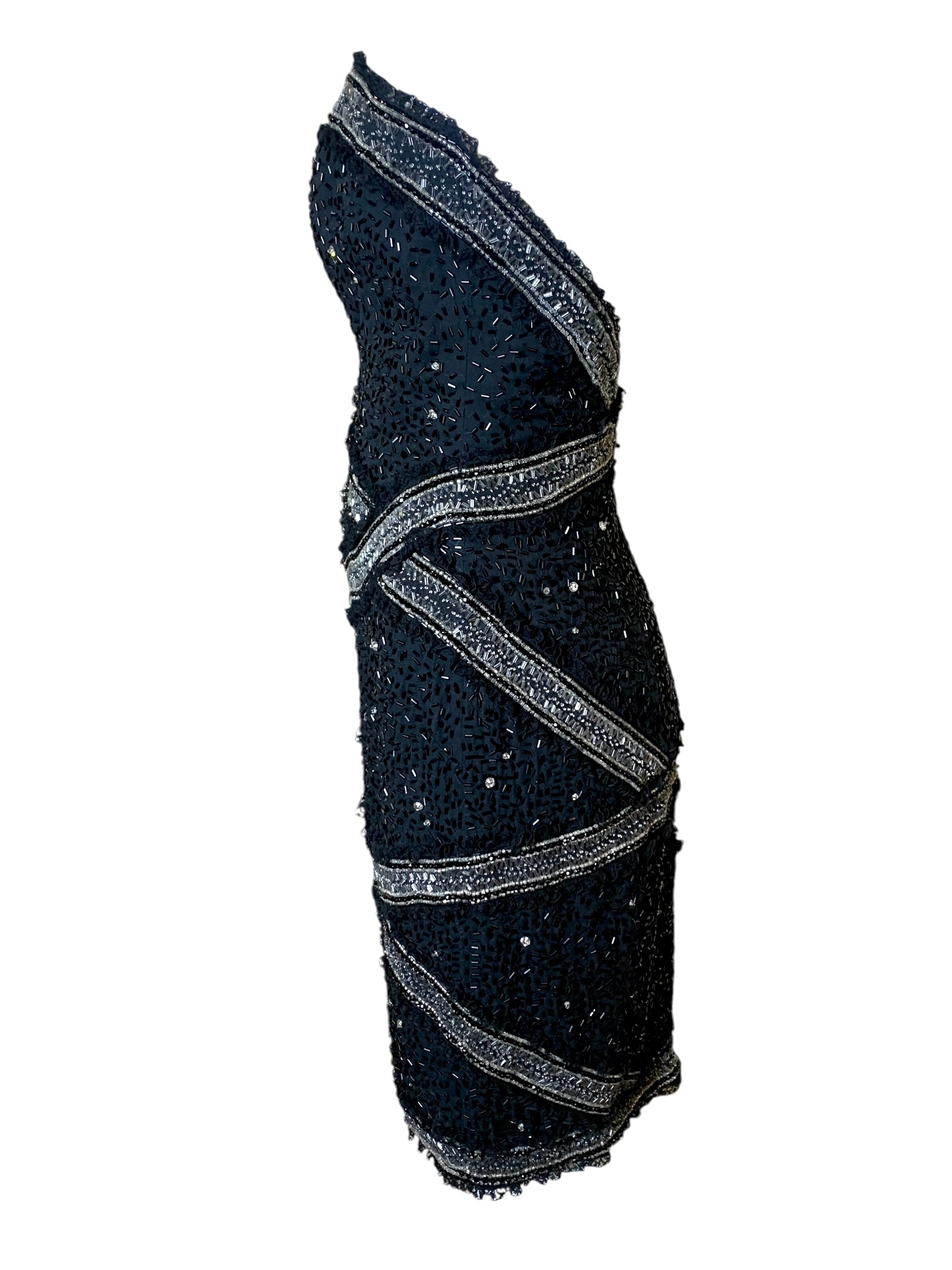 Fabrice 80s Black Strapless Beaded Mini Cocktail Dress