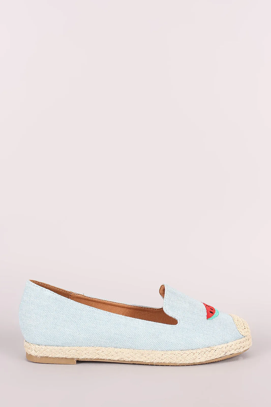 Fun Embroidered Denim Espadrille Slip On Loafer Flat
