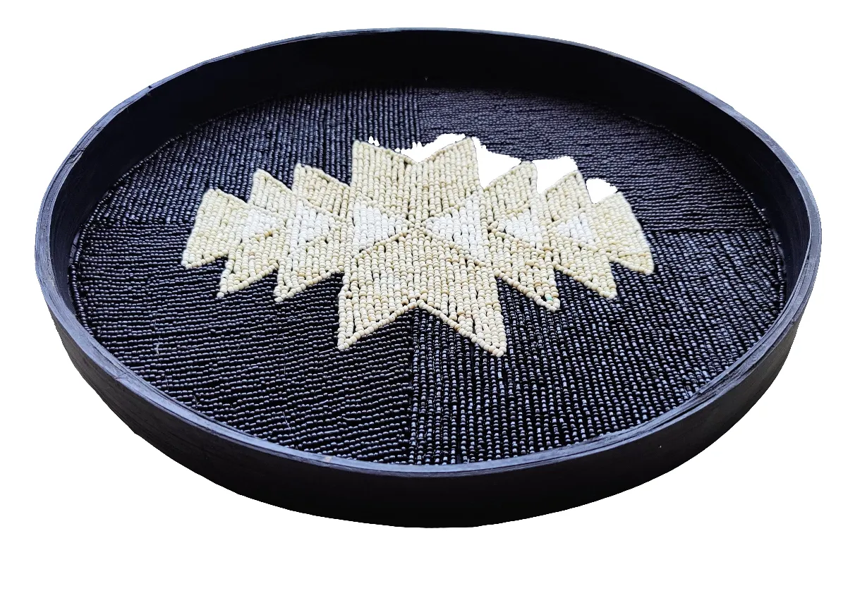 Home Decor. Decorative Serving Tray - Table Accent. Handcrafted Elegant Natural Beaded Bamboo tray.