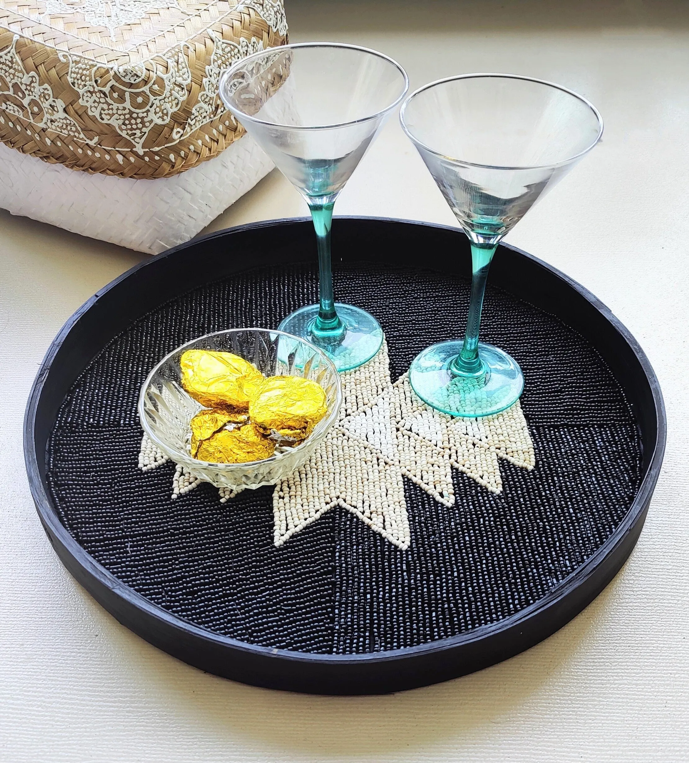 Home Decor. Decorative Serving Tray - Table Accent. Handcrafted Elegant Natural Beaded Bamboo tray.