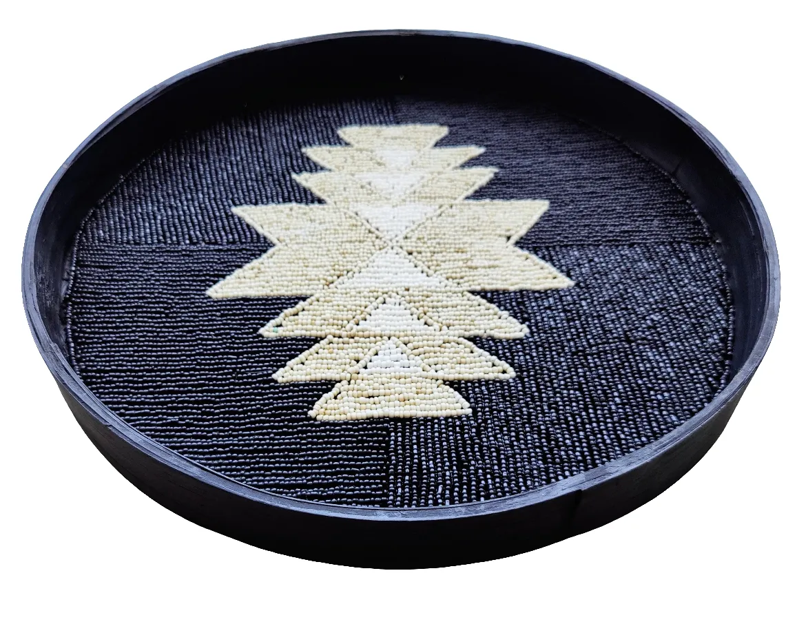 Home Decor. Decorative Serving Tray - Table Accent. Handcrafted Elegant Natural Beaded Bamboo tray.