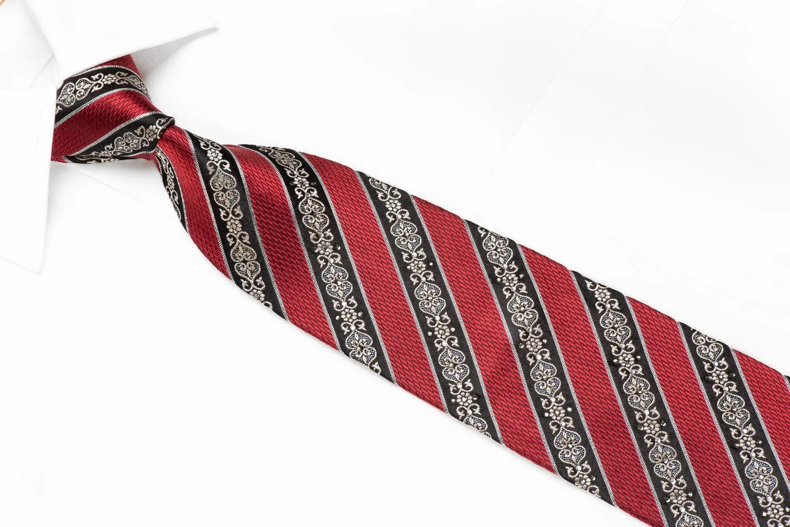 Indian Homme Men's Crystal Silk Tie Burgundy Black Striped With Silver Sparkles