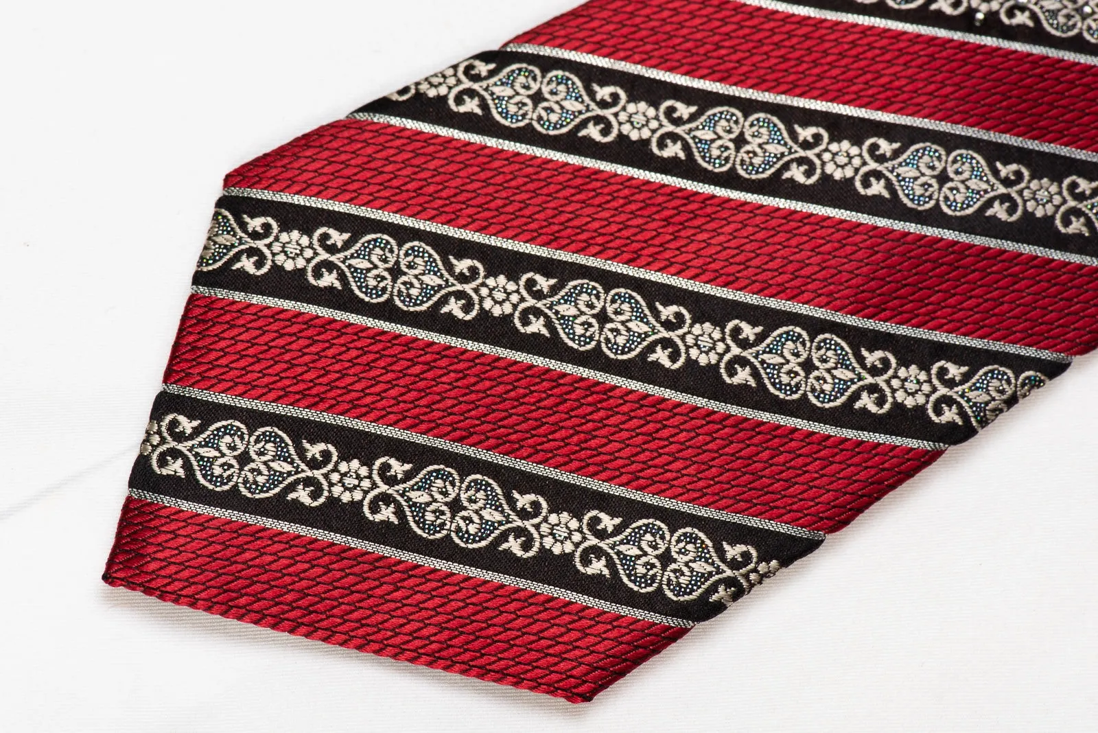 Indian Homme Men's Crystal Silk Tie Burgundy Black Striped With Silver Sparkles