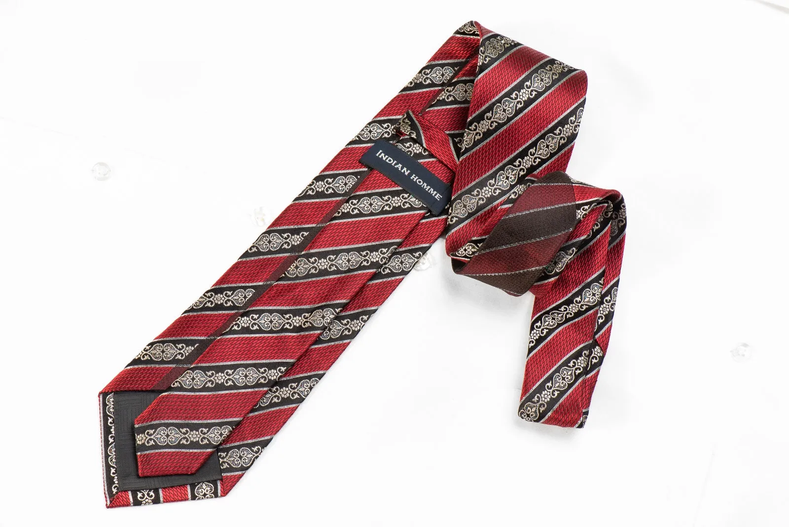 Indian Homme Men's Crystal Silk Tie Burgundy Black Striped With Silver Sparkles