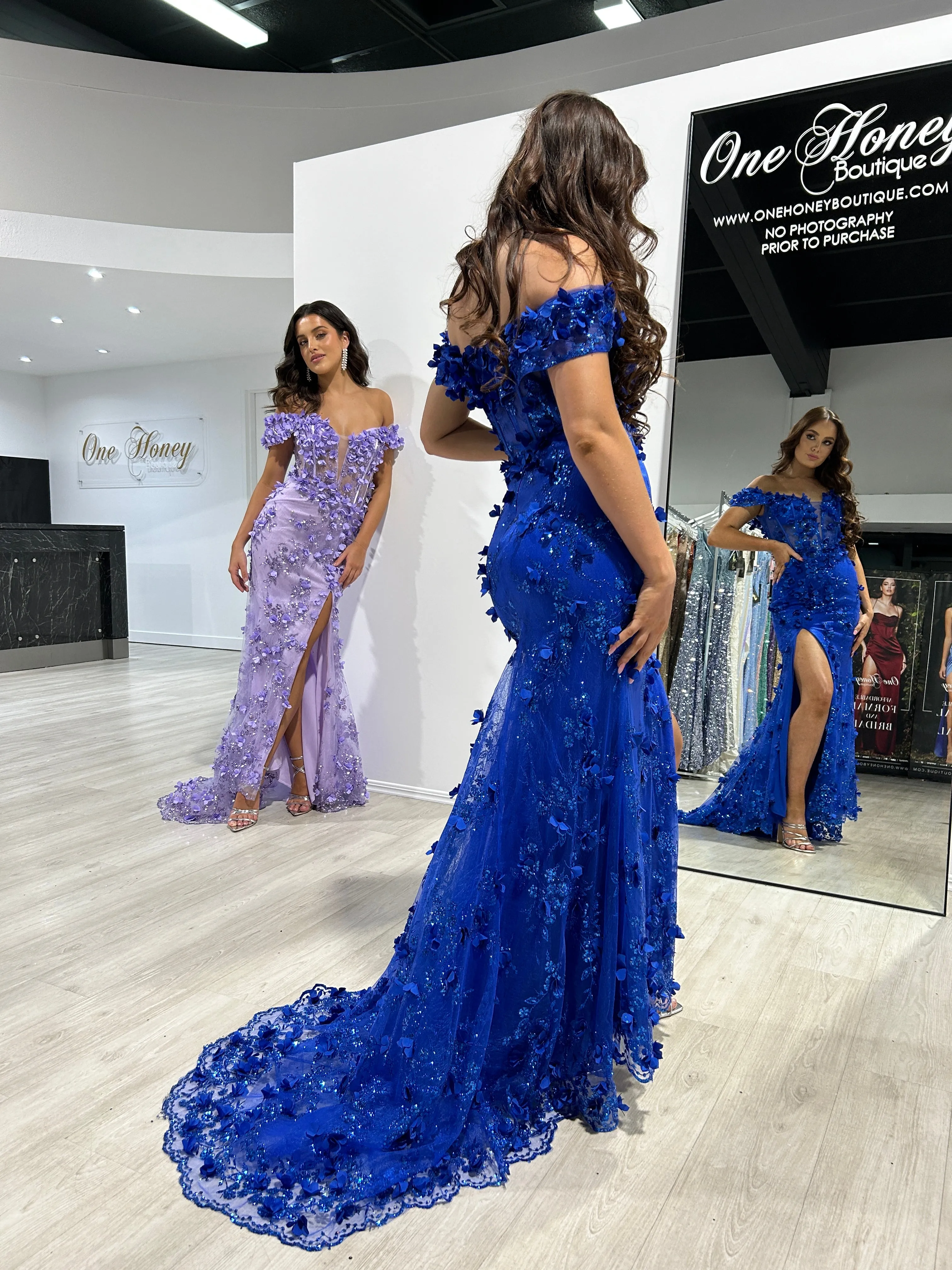 LARRISA Glitter 3D Flower Applique Off the Shoulder Mermaid Formal Dress