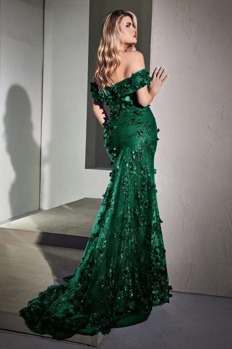 LARRISA Glitter 3D Flower Applique Off the Shoulder Mermaid Formal Dress