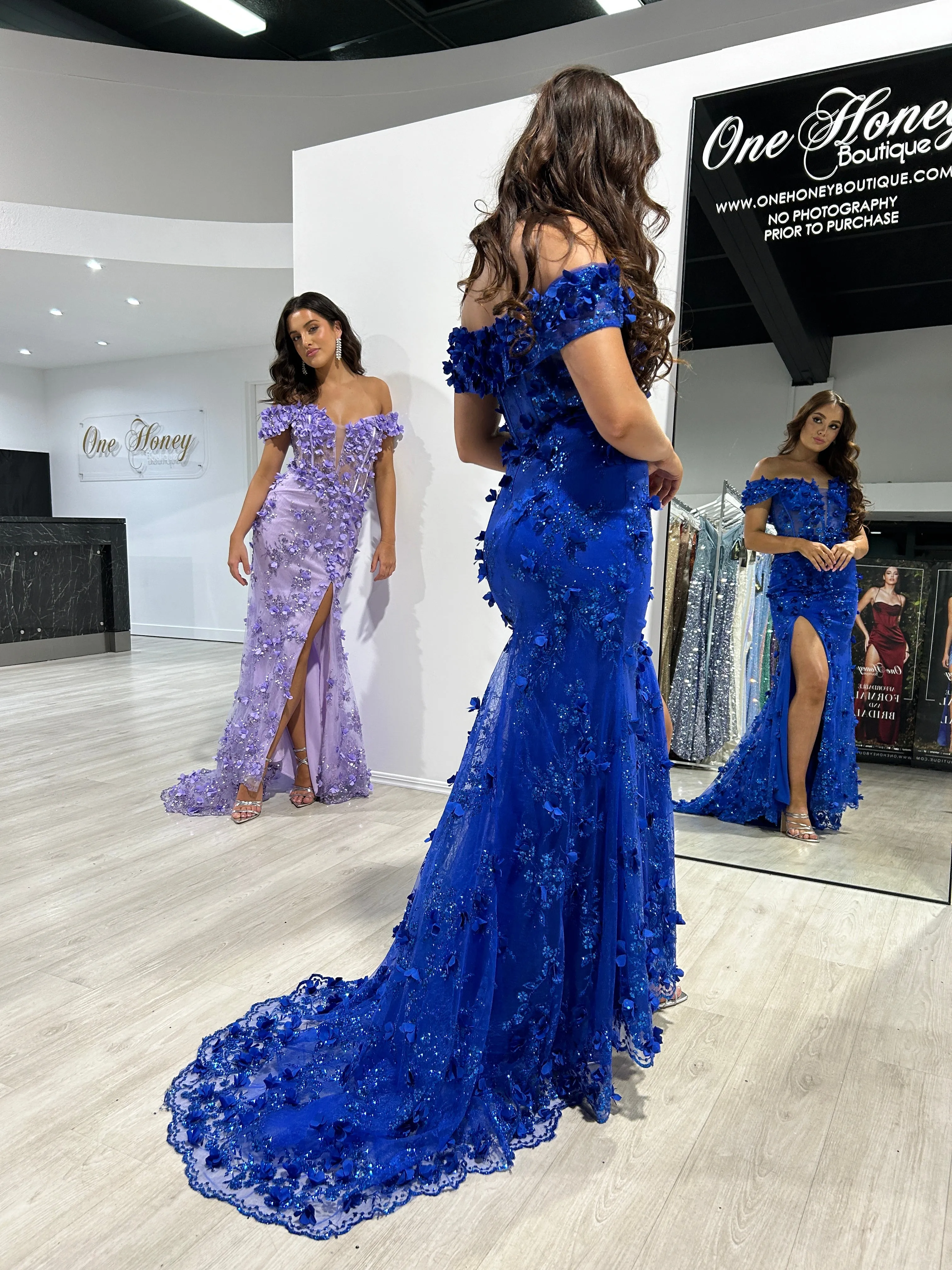 LARRISA Glitter 3D Flower Applique Off the Shoulder Mermaid Formal Dress