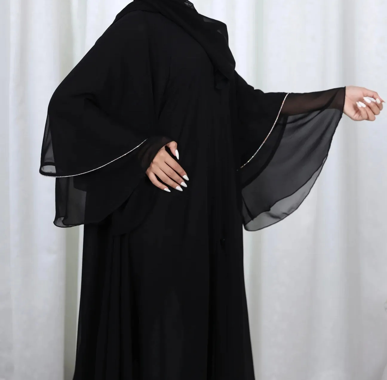 Layla Black layered abaya with Diamant trim