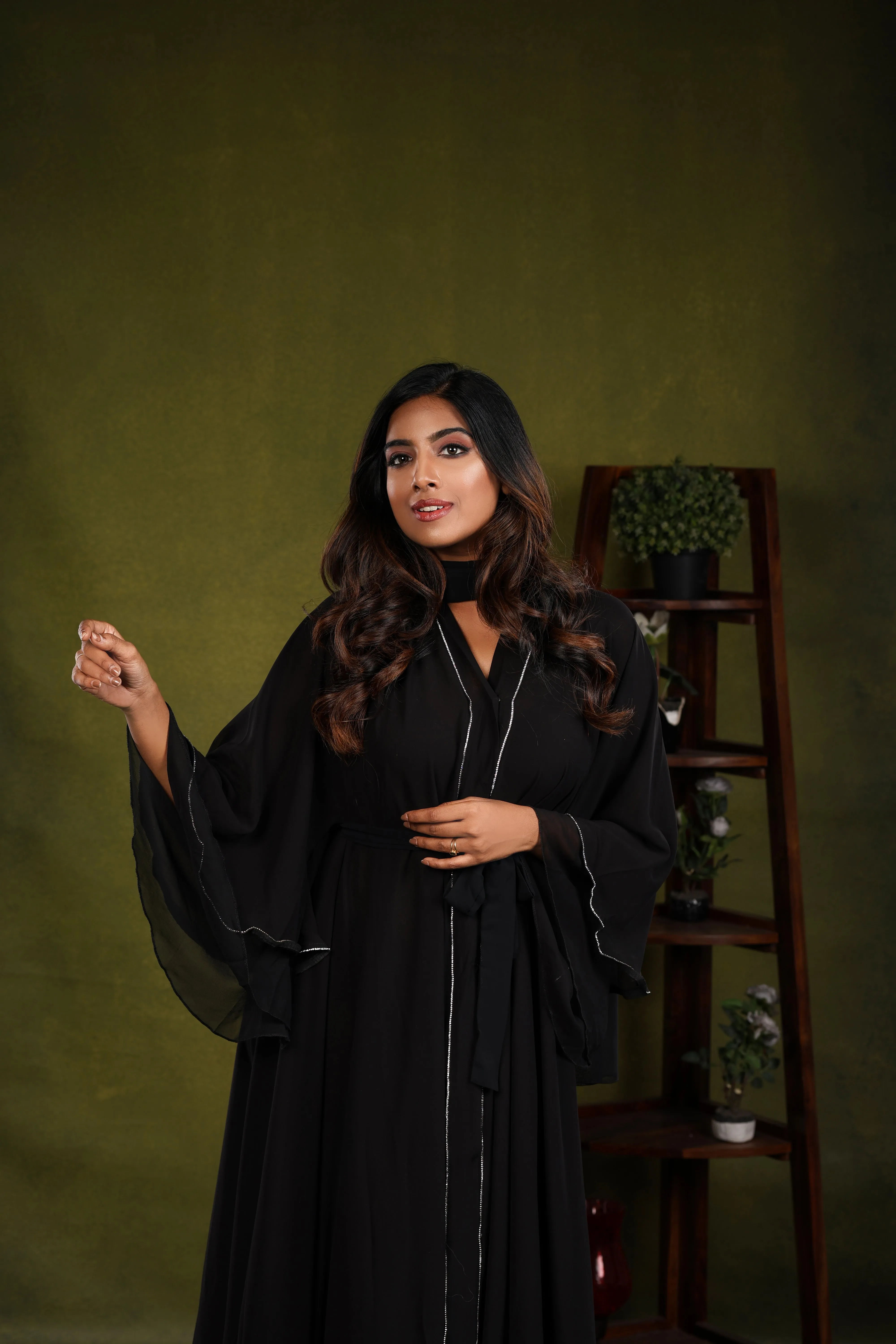 Layla Black layered abaya with Diamant trim