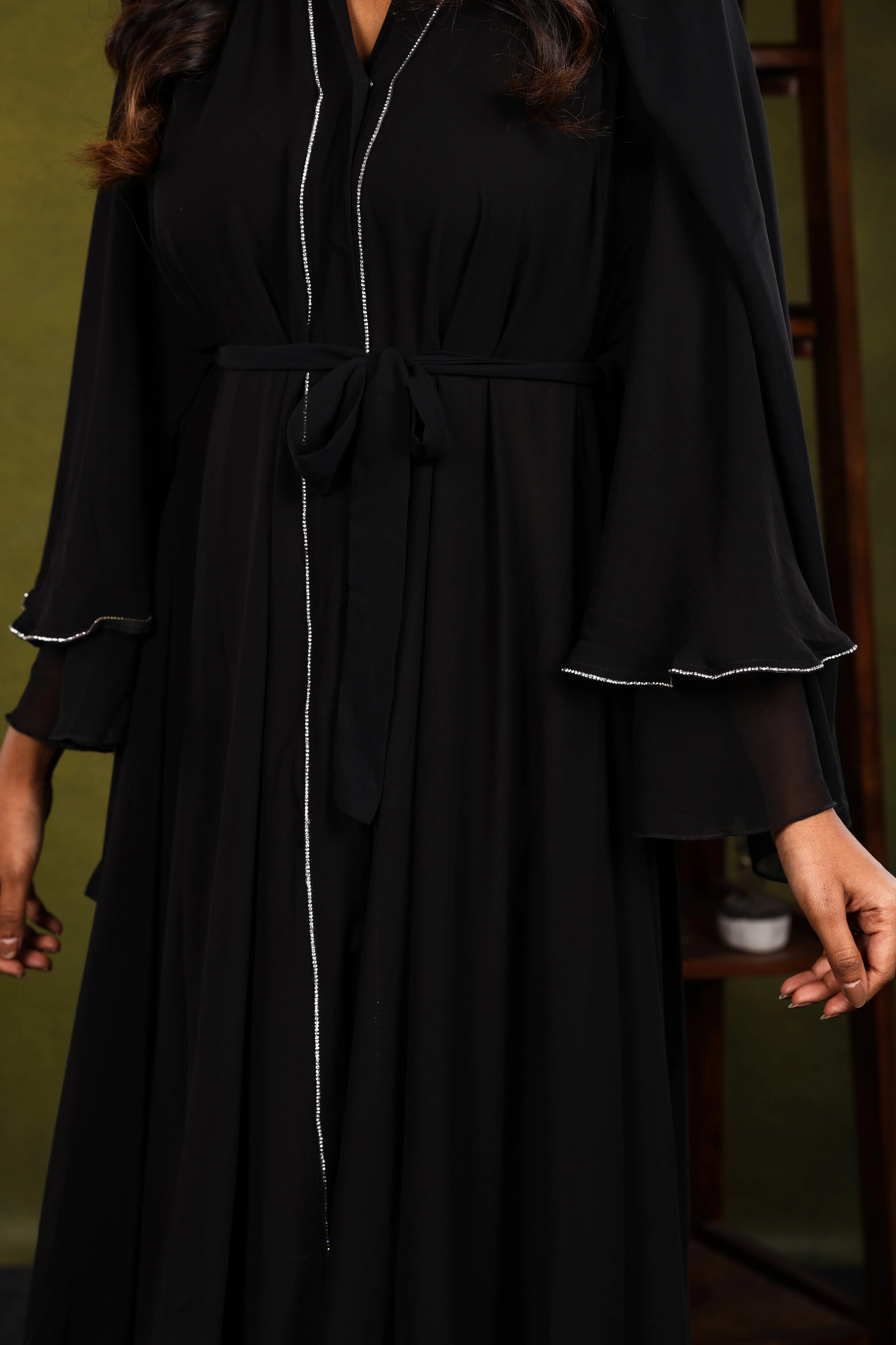 Layla Black layered abaya with Diamant trim