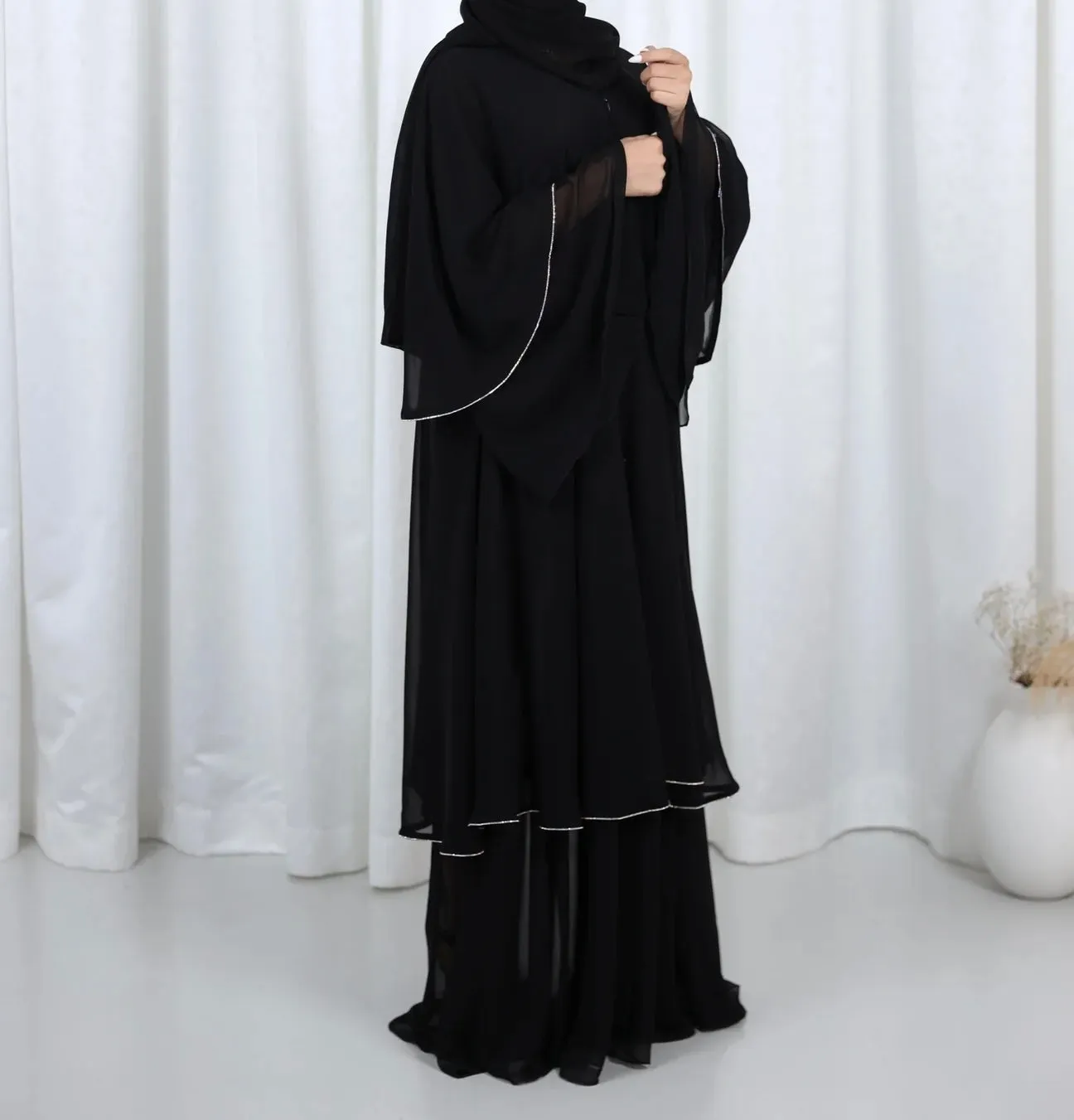 Layla Black layered abaya with Diamant trim