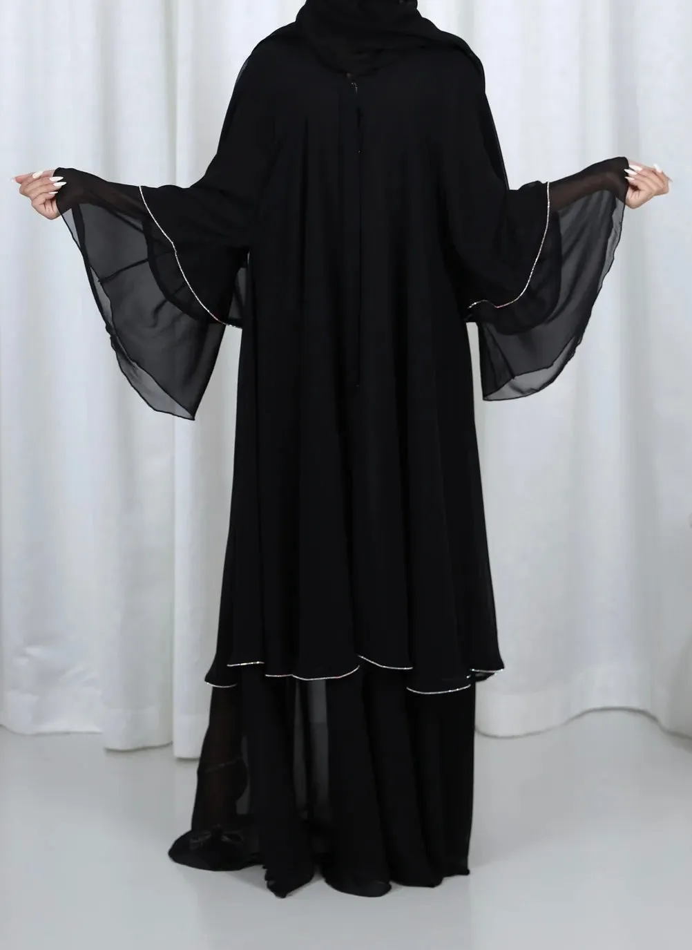 Layla Black layered abaya with Diamant trim