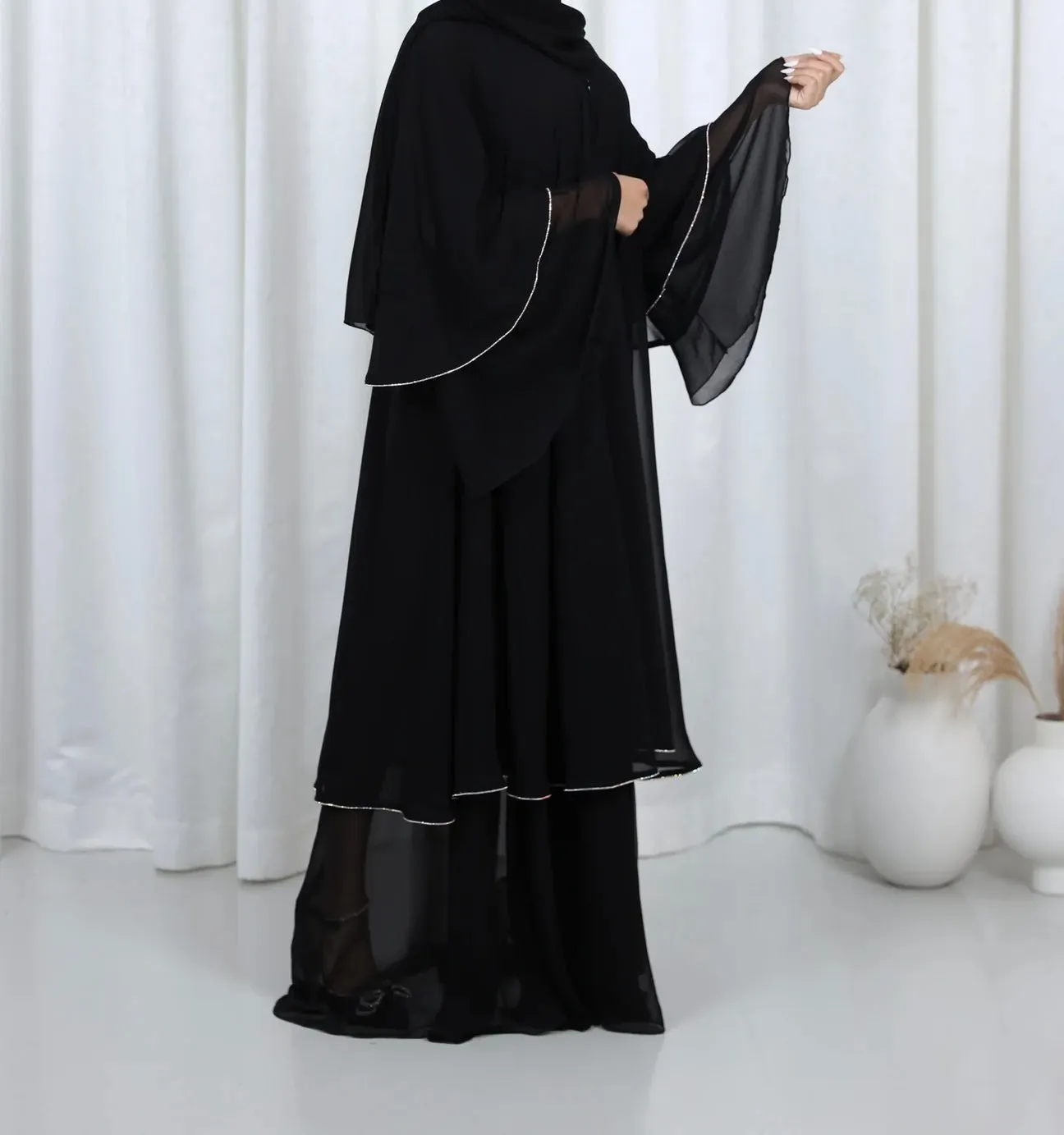 Layla Black layered abaya with Diamant trim