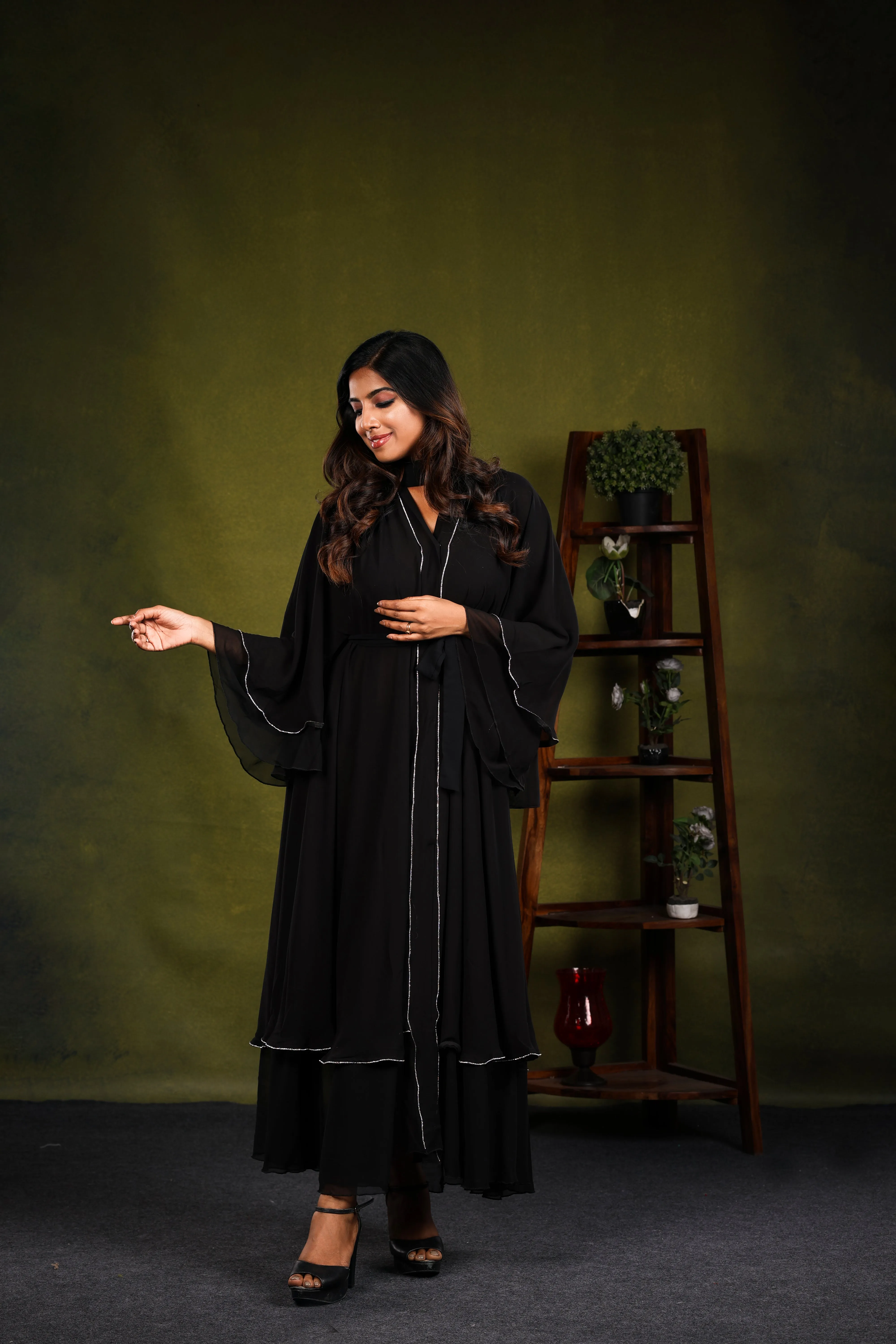 Layla Black layered abaya with Diamant trim