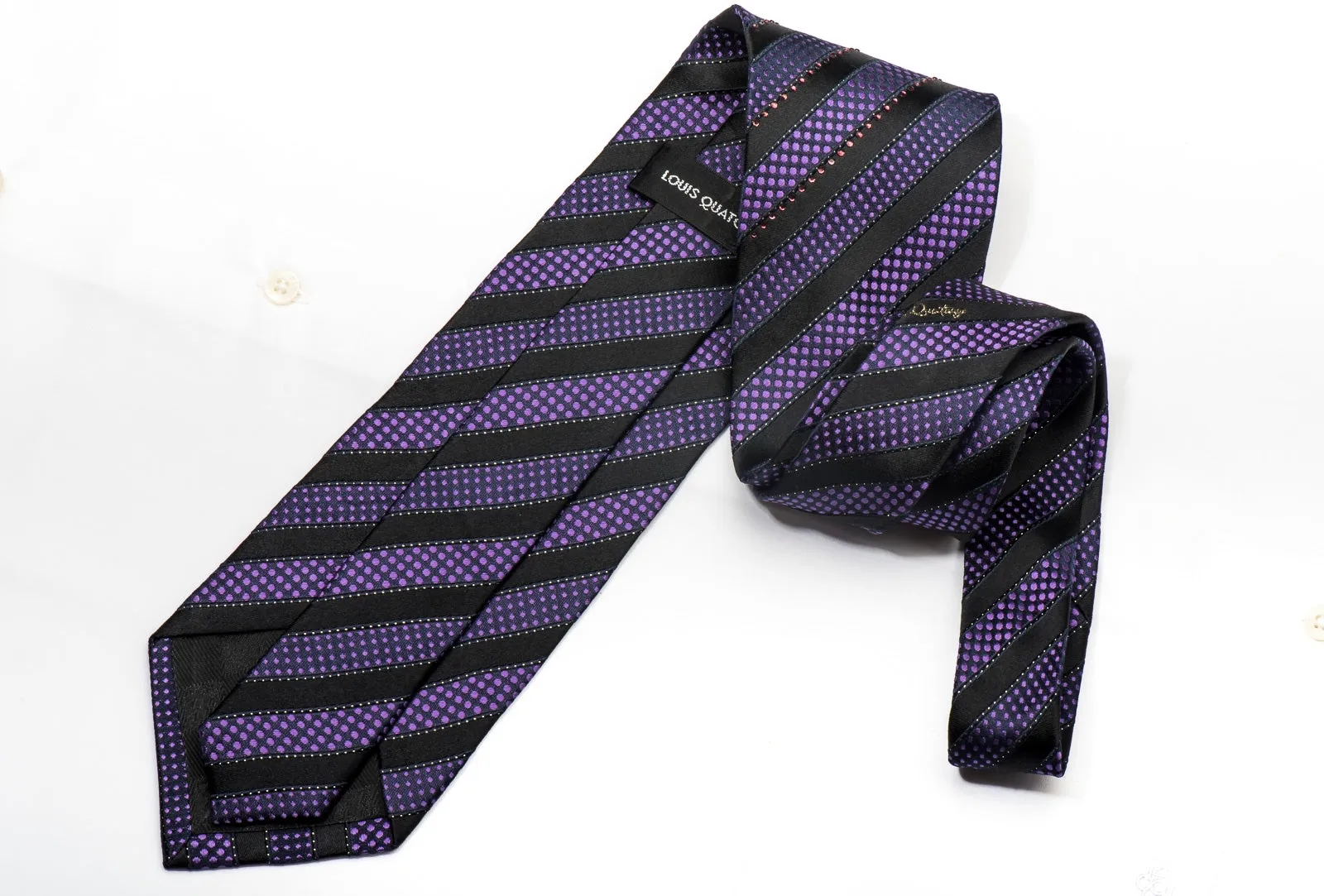 Louis Quatorze Men's Silk Necktie Purple Striped On Black Sparkling With Rhinestones