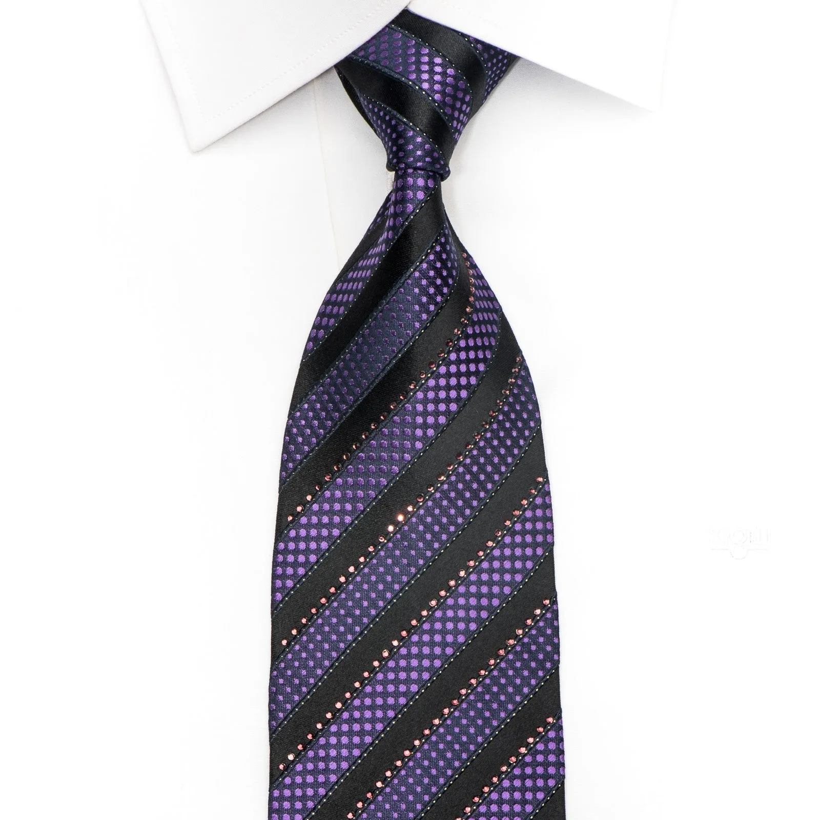 Louis Quatorze Men's Silk Necktie Purple Striped On Black Sparkling With Rhinestones