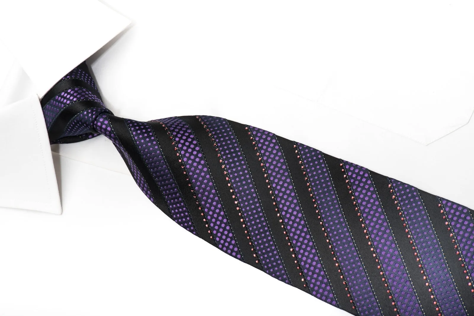 Louis Quatorze Men's Silk Necktie Purple Striped On Black Sparkling With Rhinestones