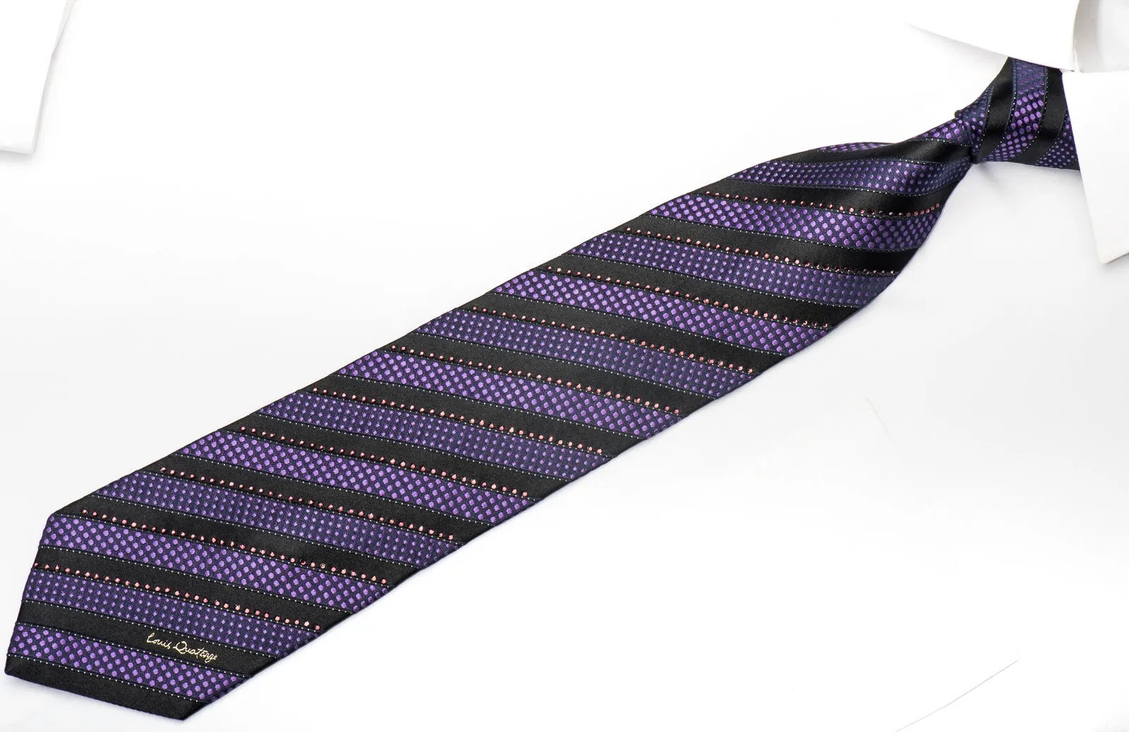 Louis Quatorze Men's Silk Necktie Purple Striped On Black Sparkling With Rhinestones