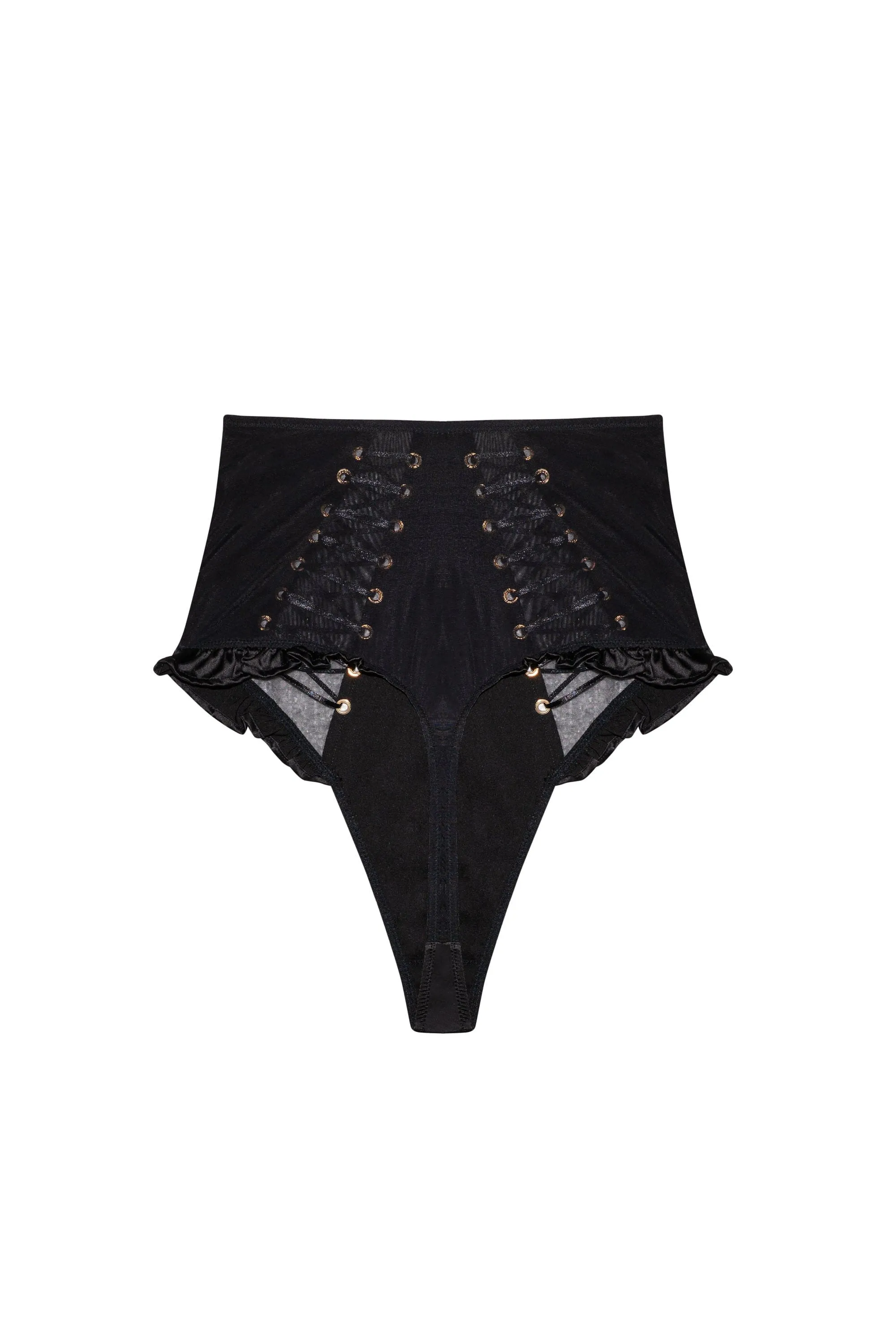 Marina High-Waisted Thong in Elegant Black Satin with Lace-Up Detail