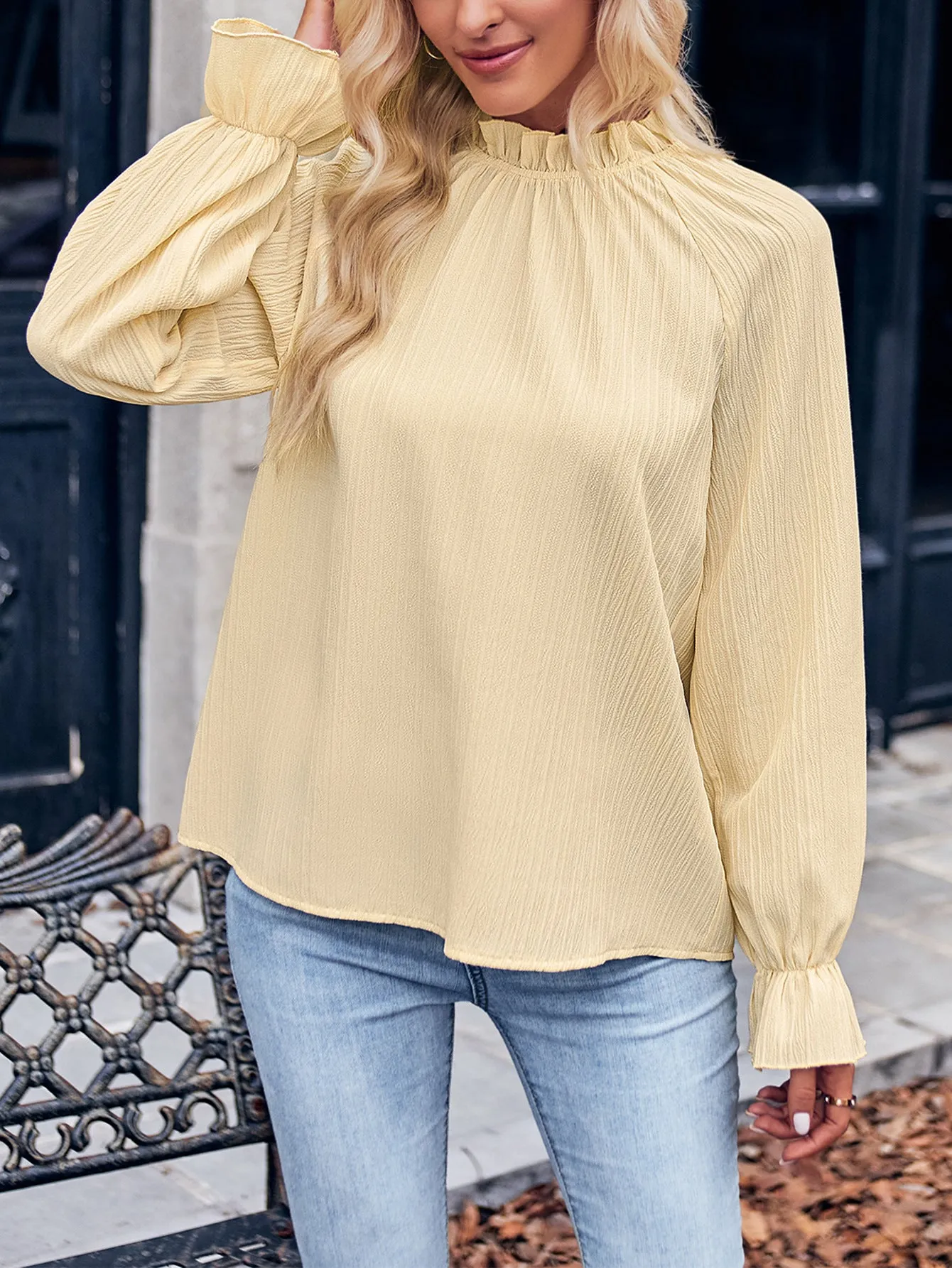 New Casual Solid Color Frilled Sleeve Trendy Slim Fit Blouse