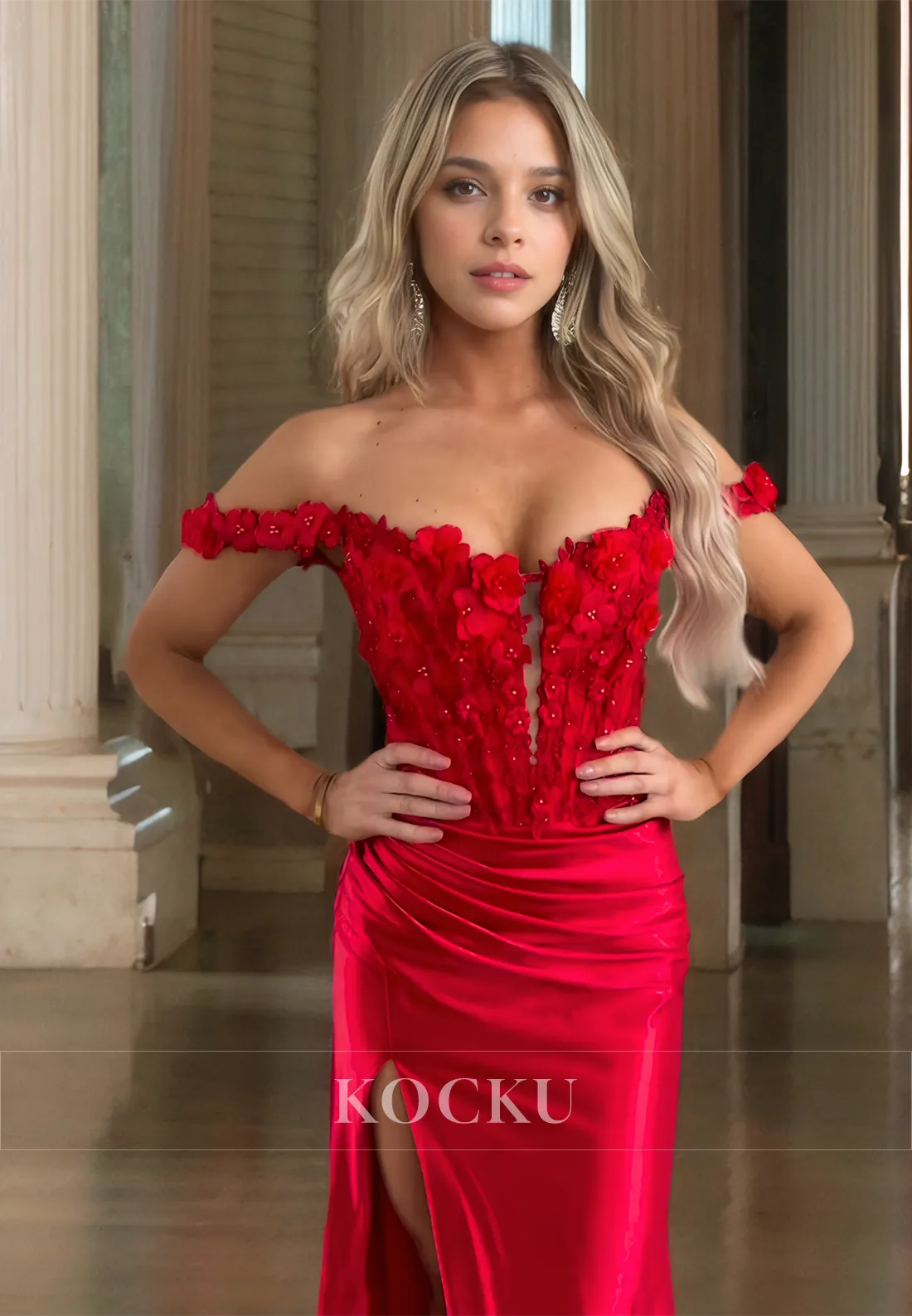 Off-Shoulder Sleeveless Sheath High Slit Floral Beaded Satin Prom Dress with Train Party Gown