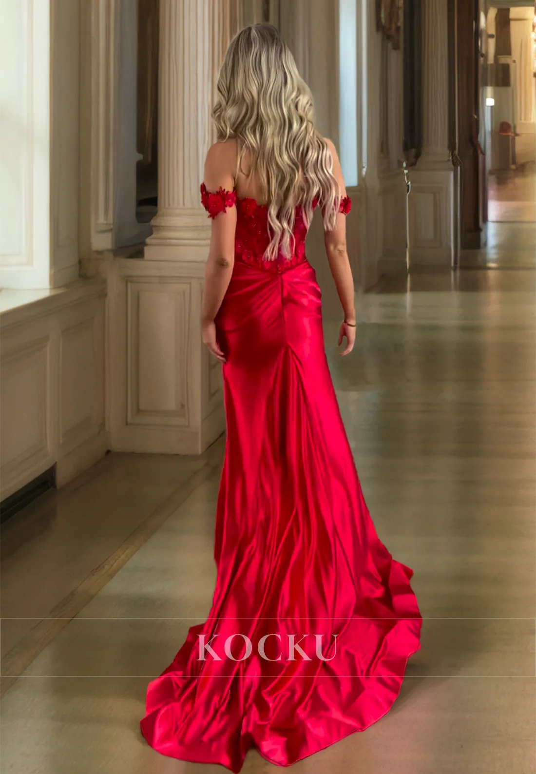 Off-Shoulder Sleeveless Sheath High Slit Floral Beaded Satin Prom Dress with Train Party Gown