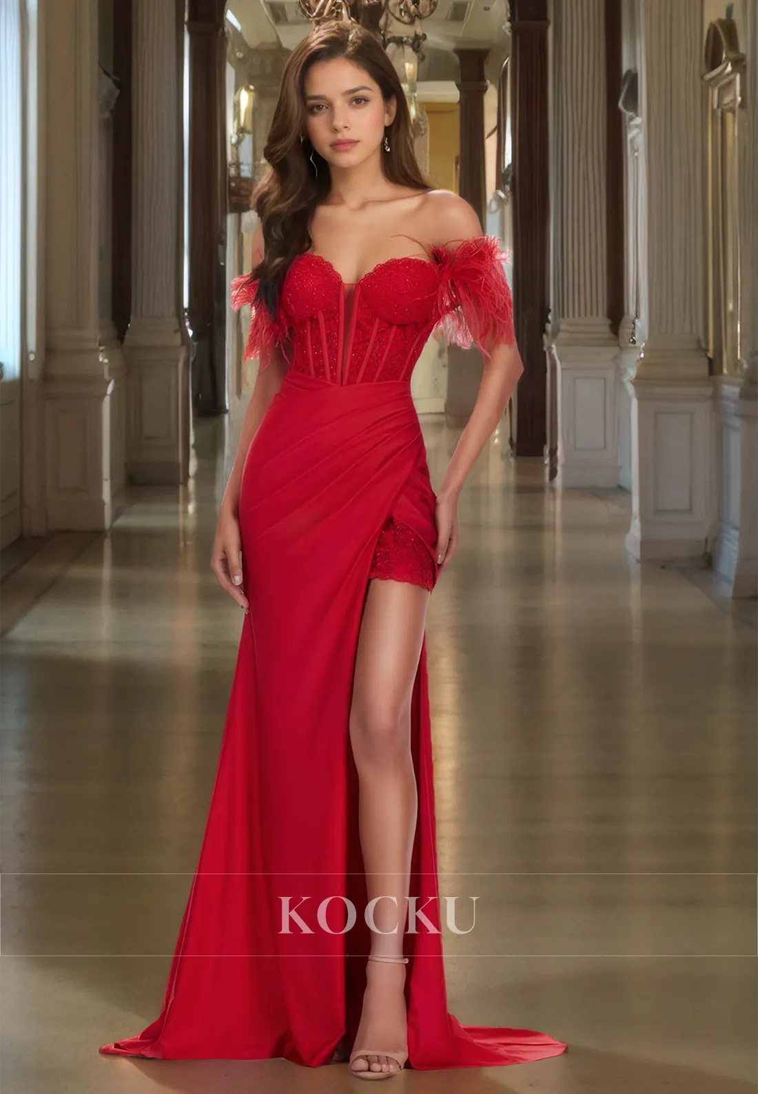 Off-Shoulder Sweetheart Sleeveless Sheath Slit Train Appliques Prom Dress with Feather Party Gown