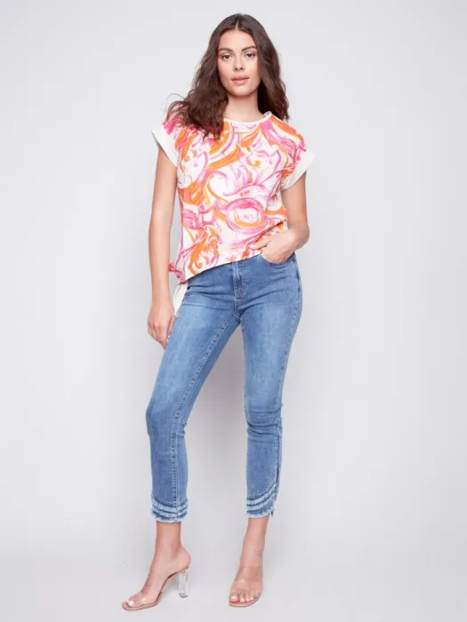 Printed Linen Knit Combo Top