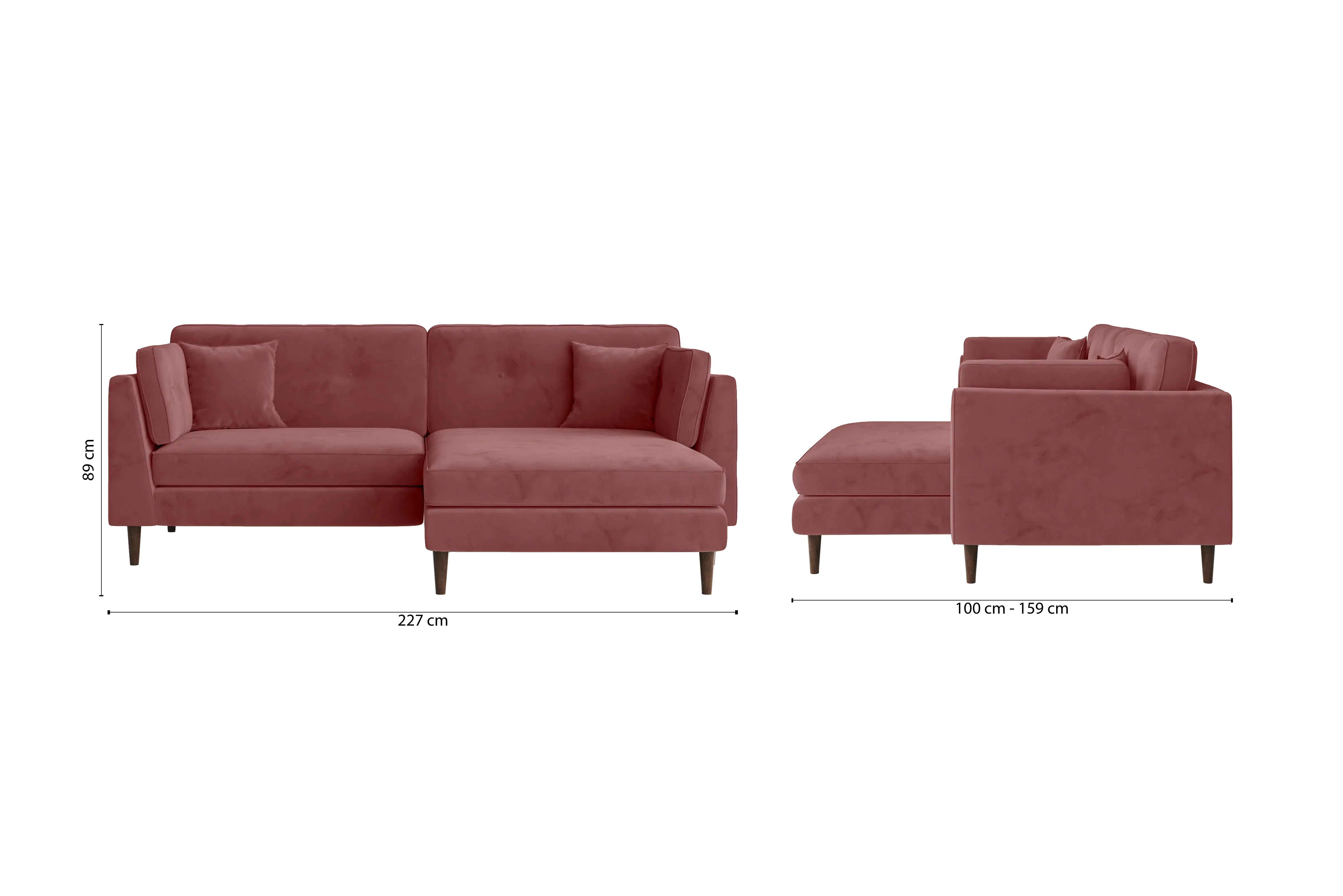 Ragusa 3 Seater Right Hand Facing Chaise Lounge Corner Sofa Pink Velvet